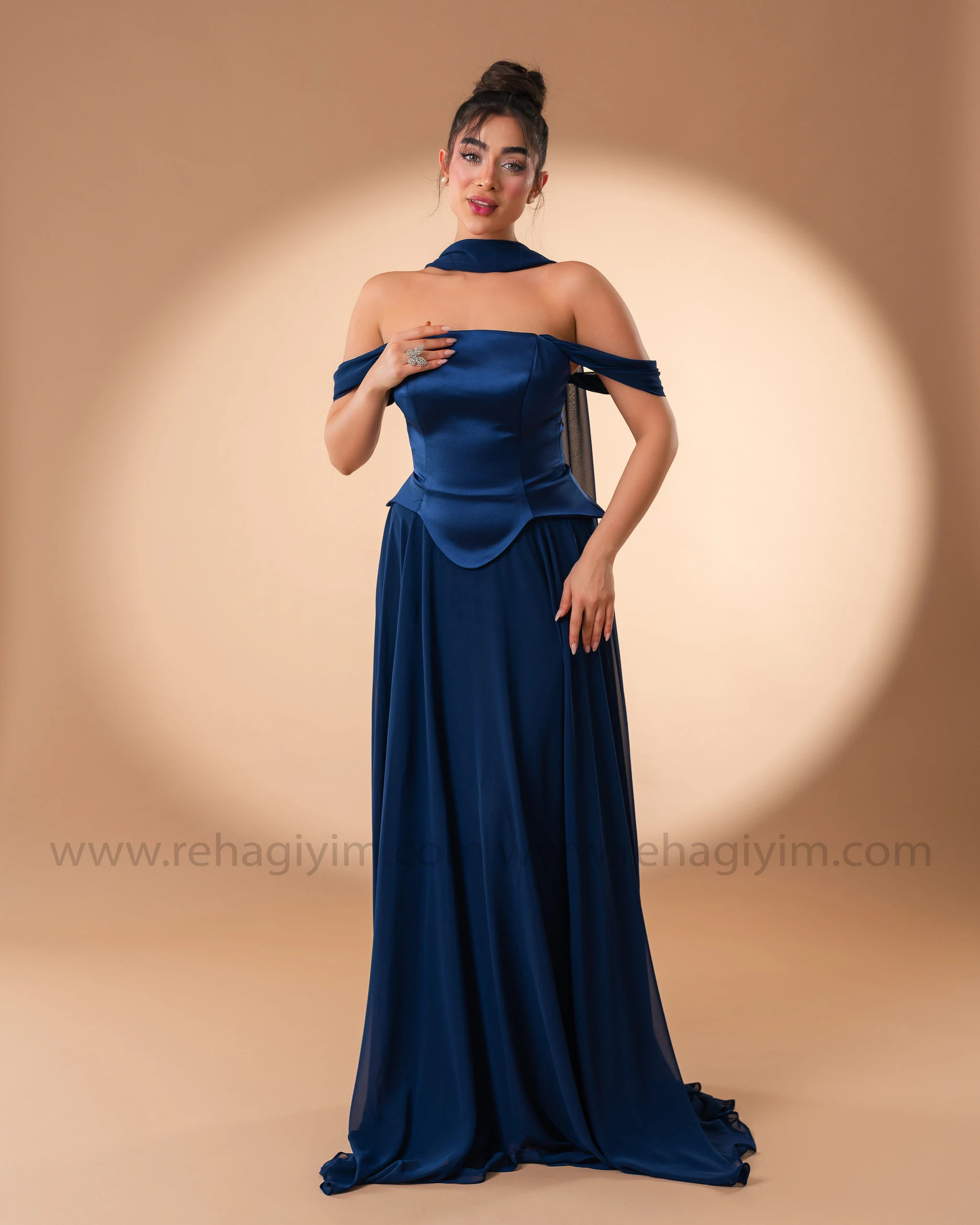 Şal Detaylı Üzeri Saten Altı Şifon Abiye  - Lacivert