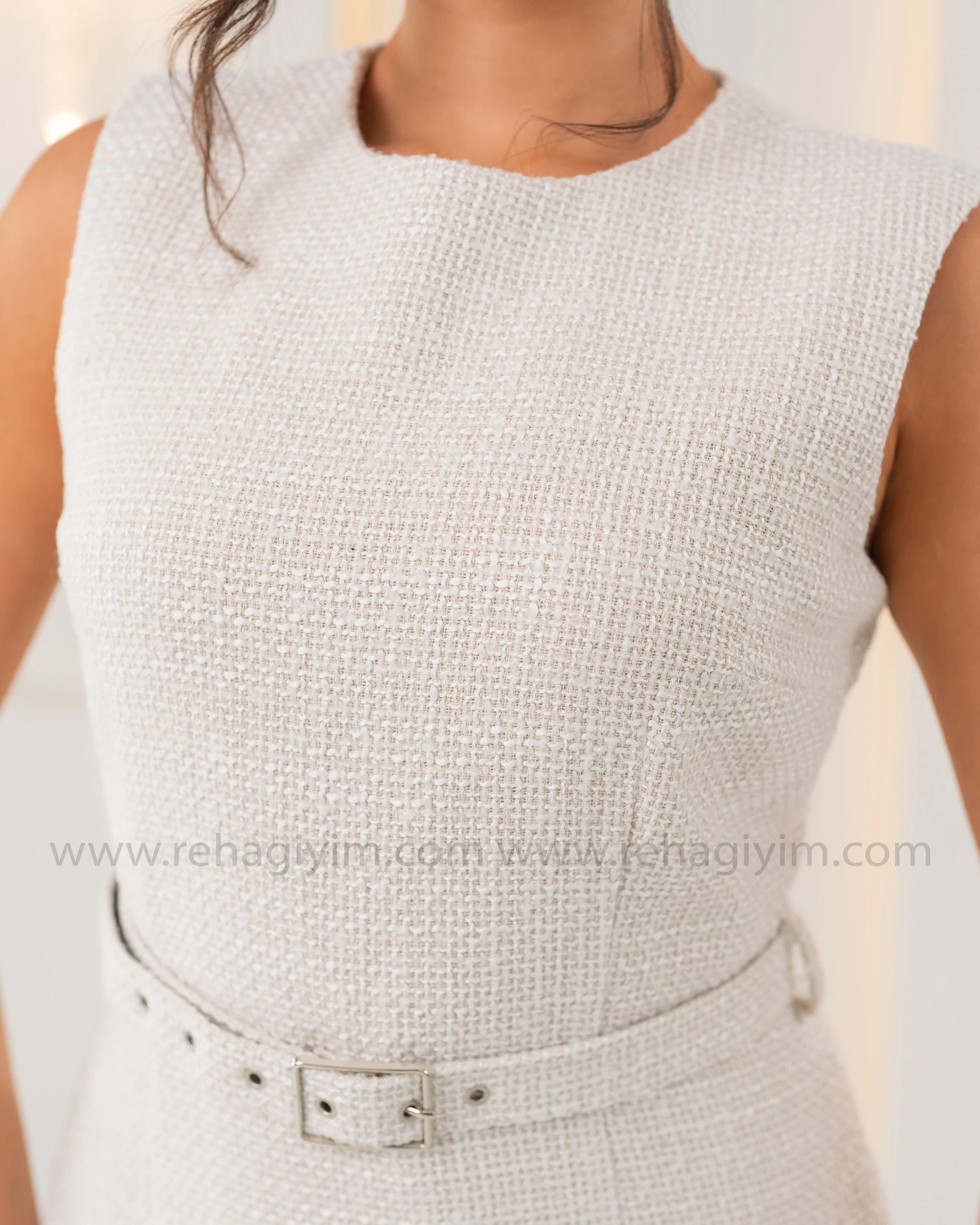 Tuvit Örme Kemerli Elbise - Krem