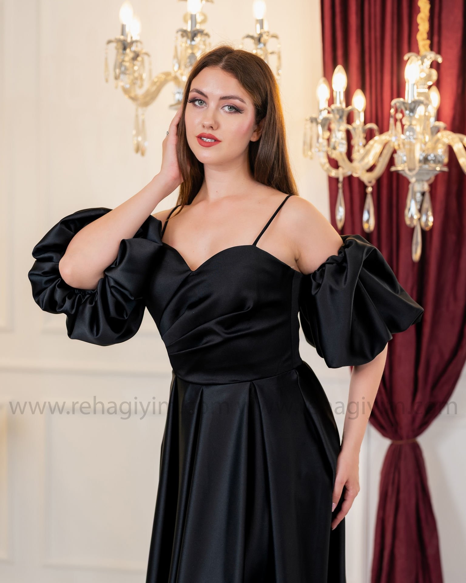 Balon Kol Saten Midi Elbise | Siyah