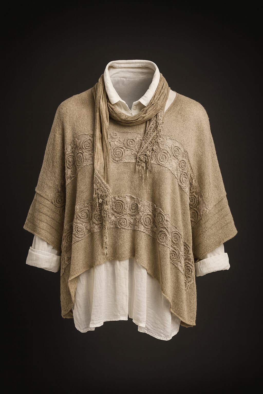 İtaly Dantel Fularlı ikili Triko Bluz - Bej