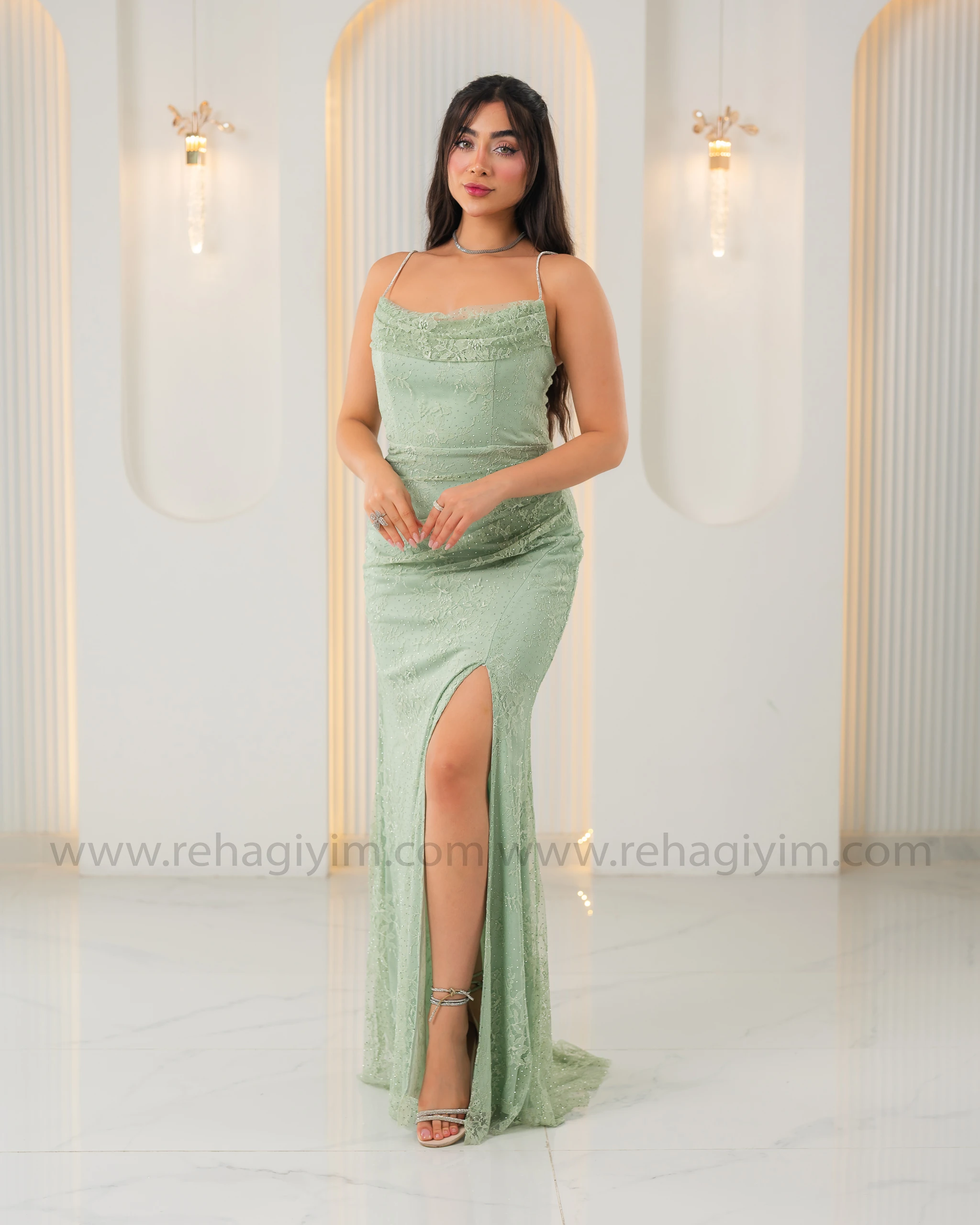 İnce Askılı Pırıltı Taşlı Dantel Abiye Elbise - su yeşili