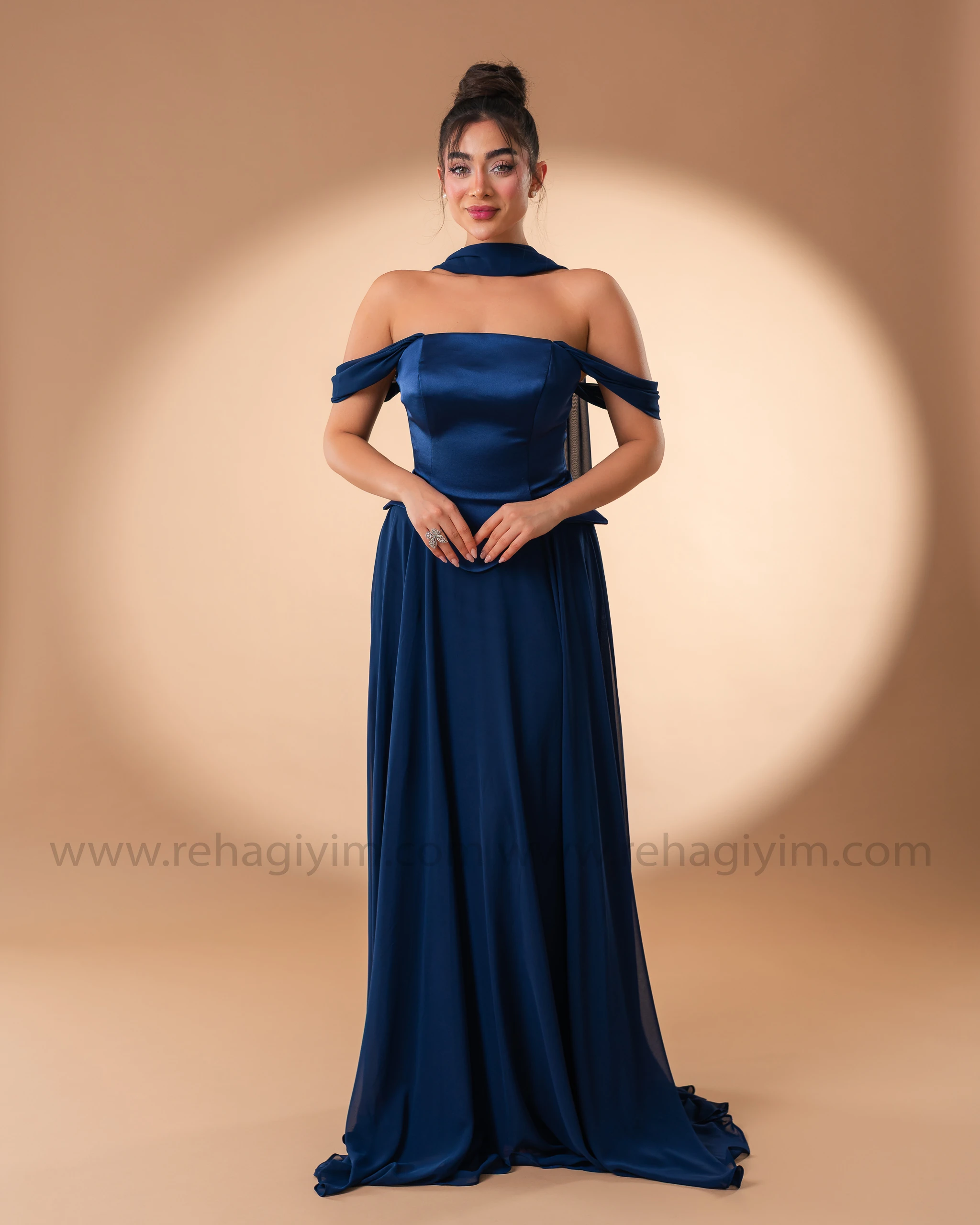 Şal Detaylı Üzeri Saten Altı Şifon Abiye  - Lacivert