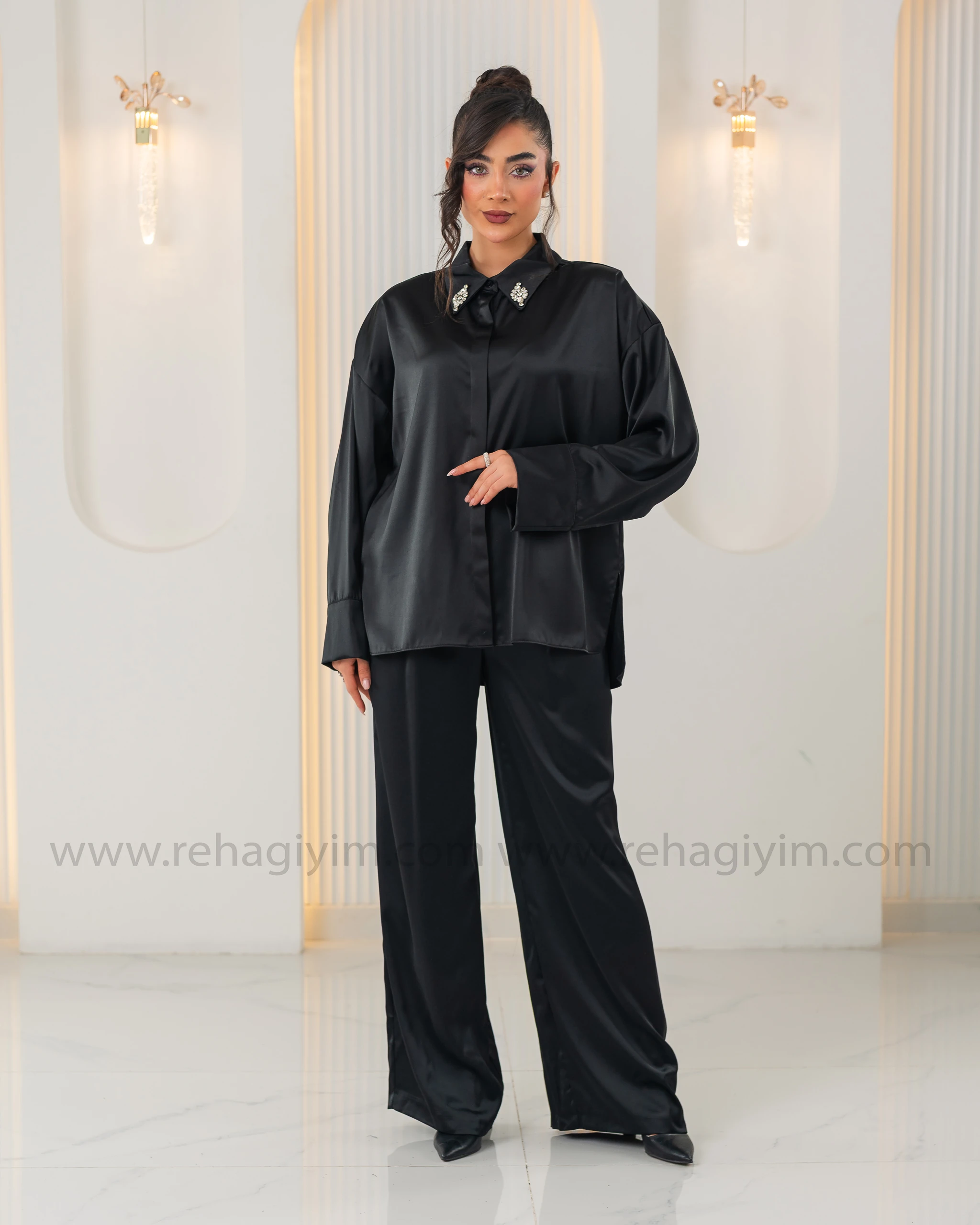 Saten Salaş Pantolon - Siyah