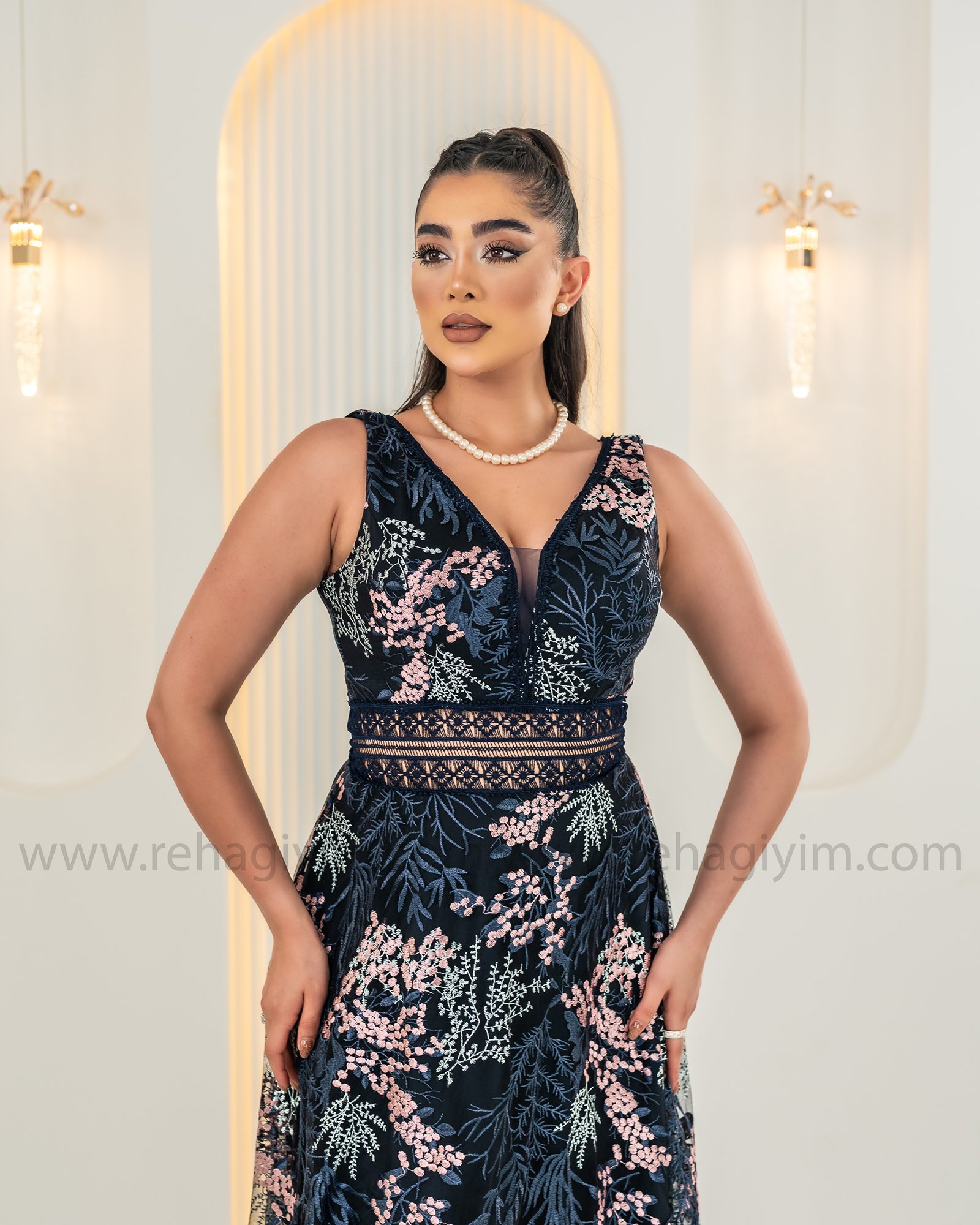 Kalın Askı Desen Retro Abiye Maxi - Lacivert