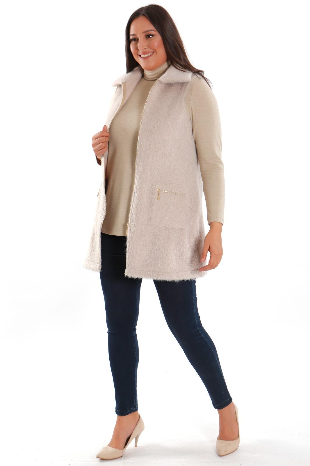 Gold Fermuarlı Kürk Yelek - Bej