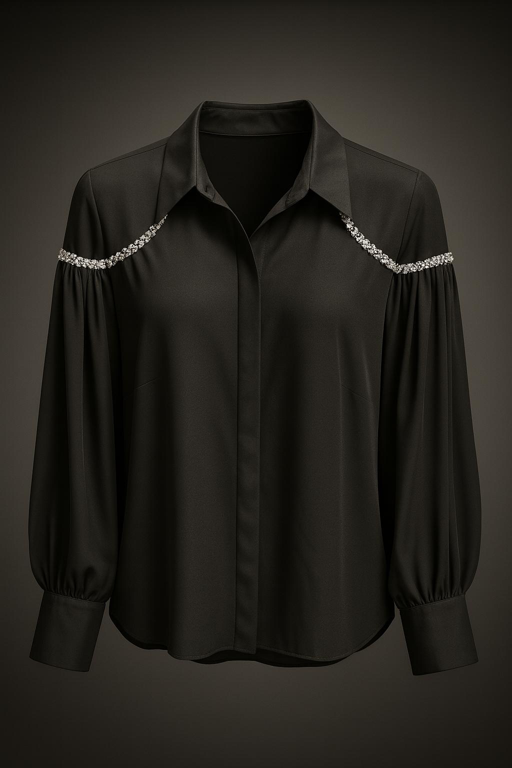 Taş Detaylı Krep Şifon Abiye Bluz - Siyah