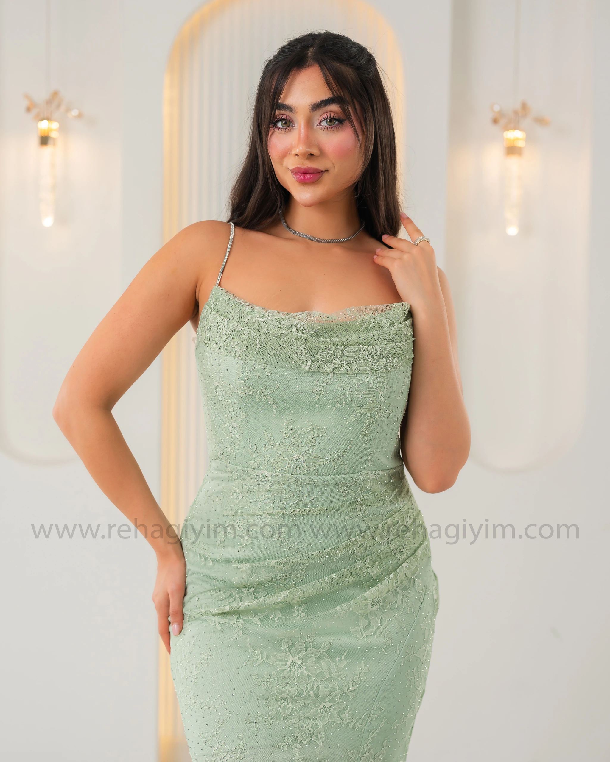 İnce Askılı Pırıltı Taşlı Dantel Abiye Elbise - su yeşili