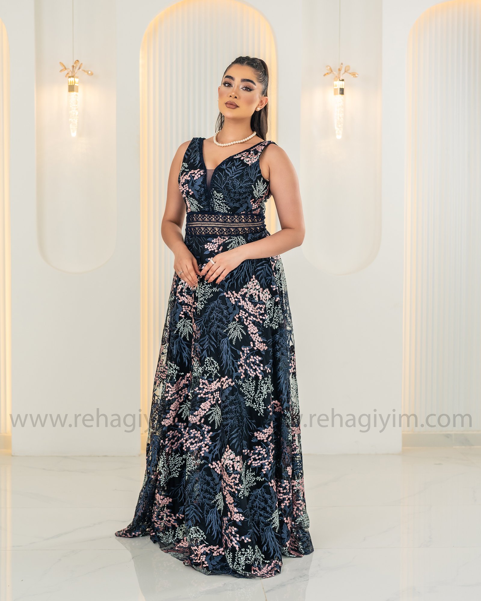 Kalın Askı Desen Retro Abiye Maxi - Lacivert