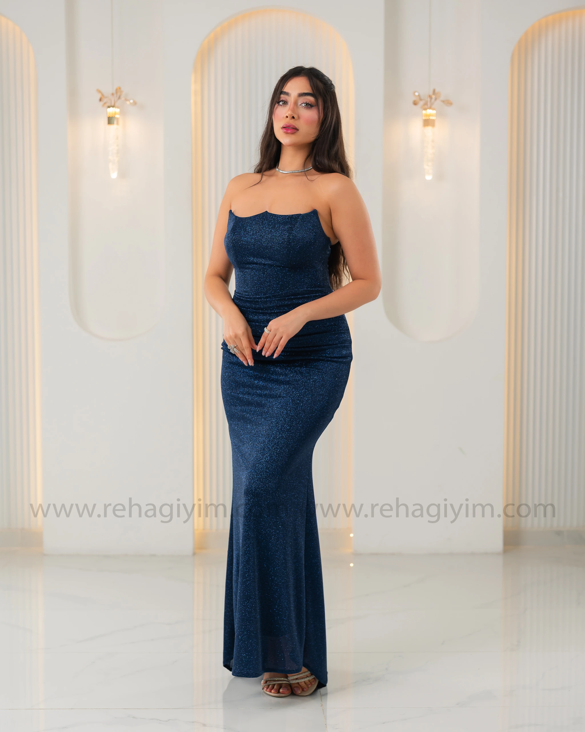 Kalp Yaka Straplez Simli Abiye Maxi - Lacivert