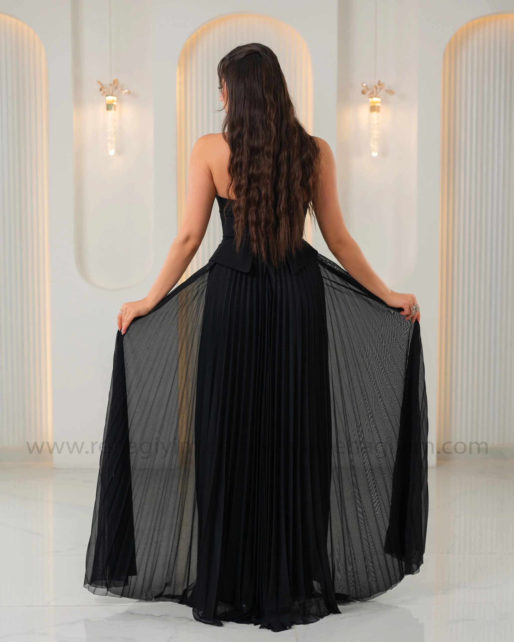 Üstü Krep Altı Şifon Tasarım Abiye Elbise - Siyah