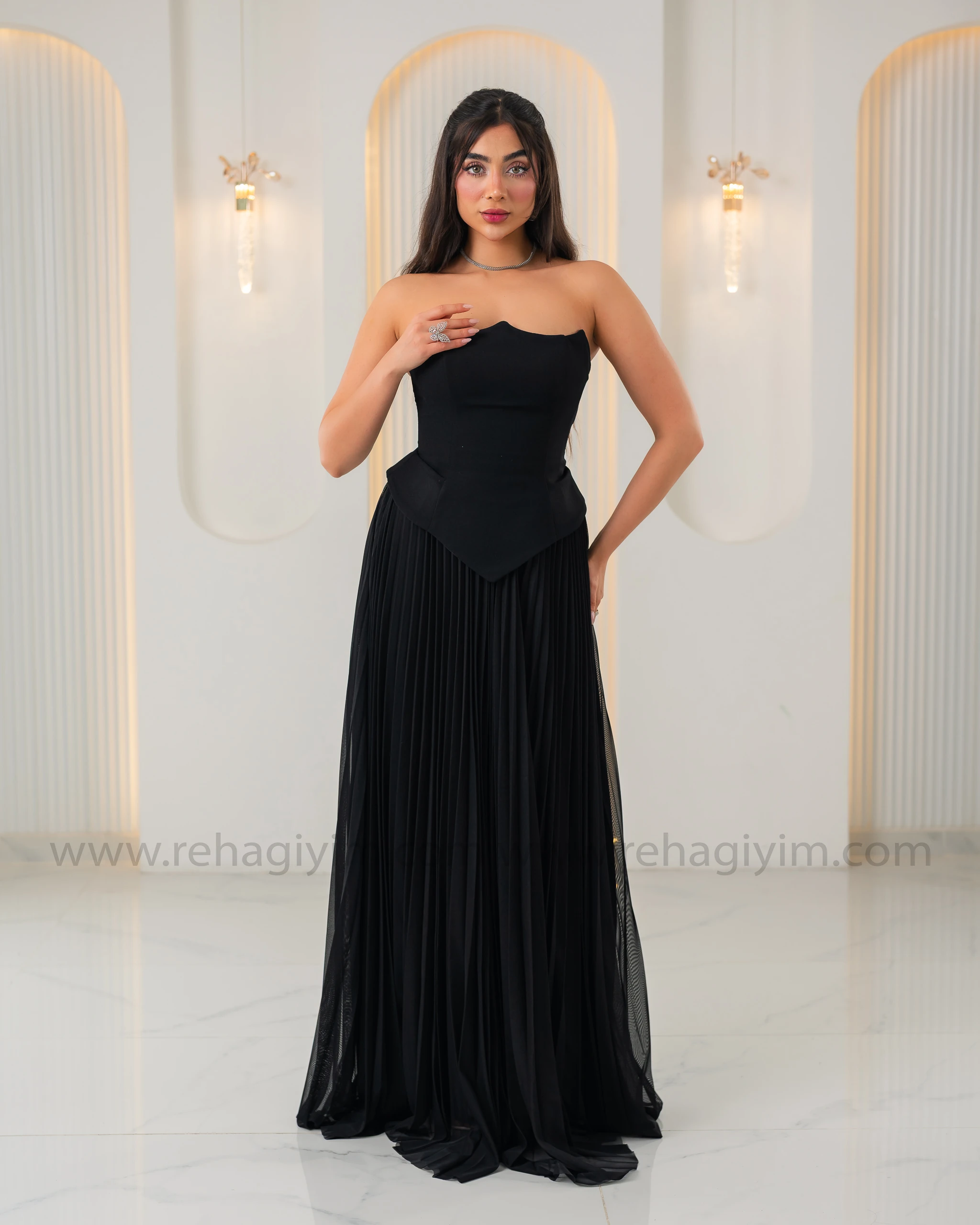 Üstü Krep Altı Şifon Tasarım Abiye Elbise - Siyah