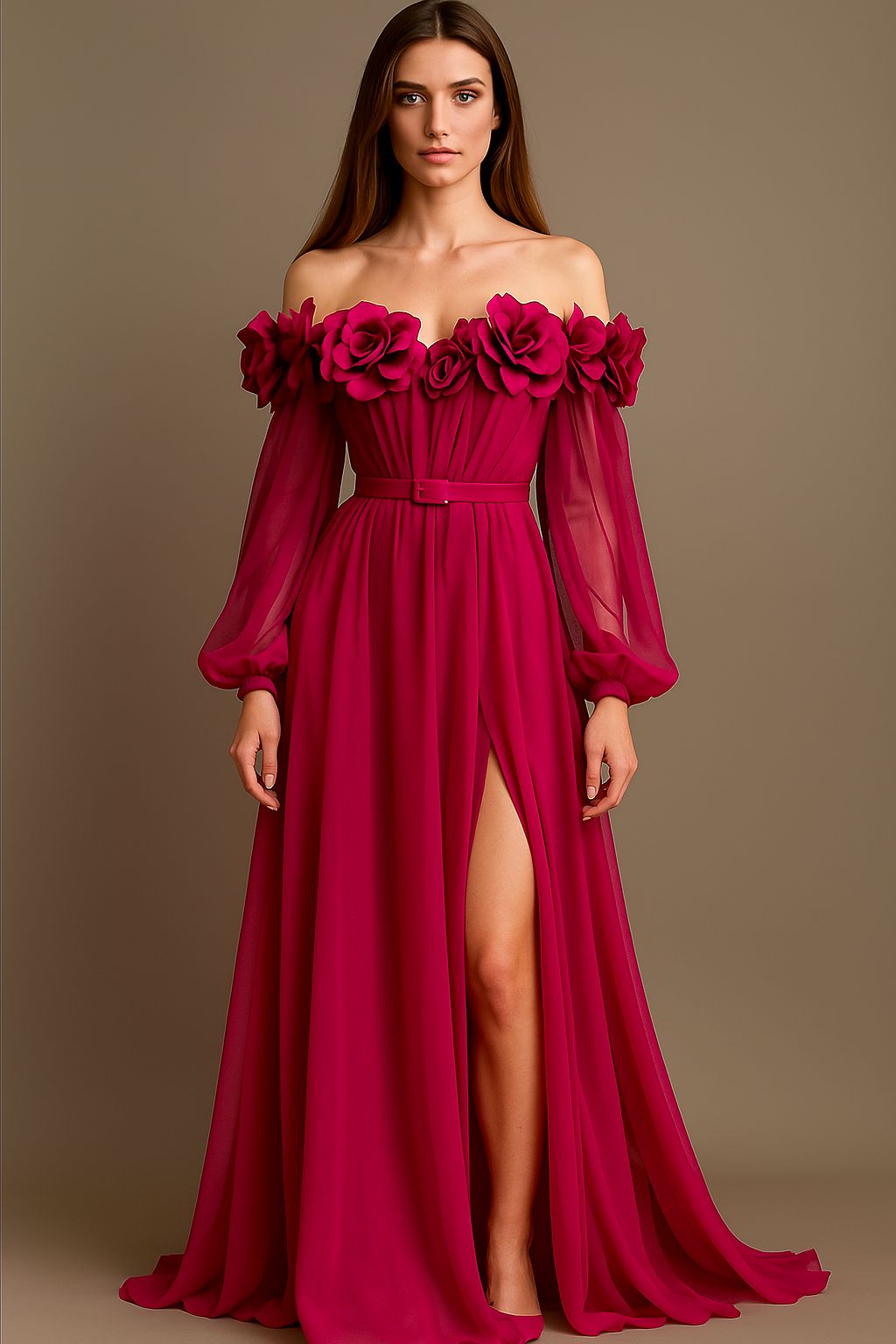 Gül Detaylı Uzun Şifon Abiye Elbise Maxi - Pembe