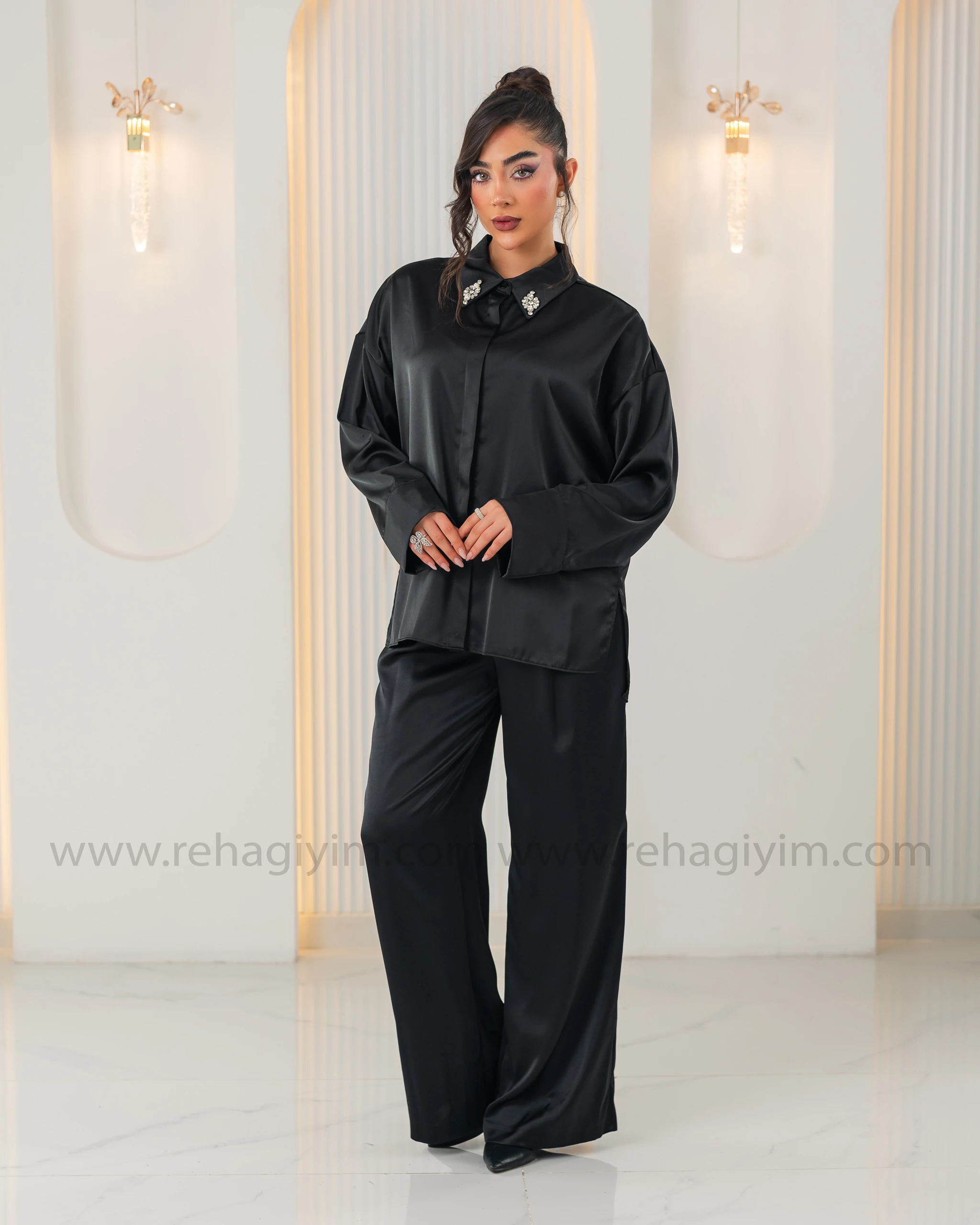 Saten Salaş Pantolon - Siyah