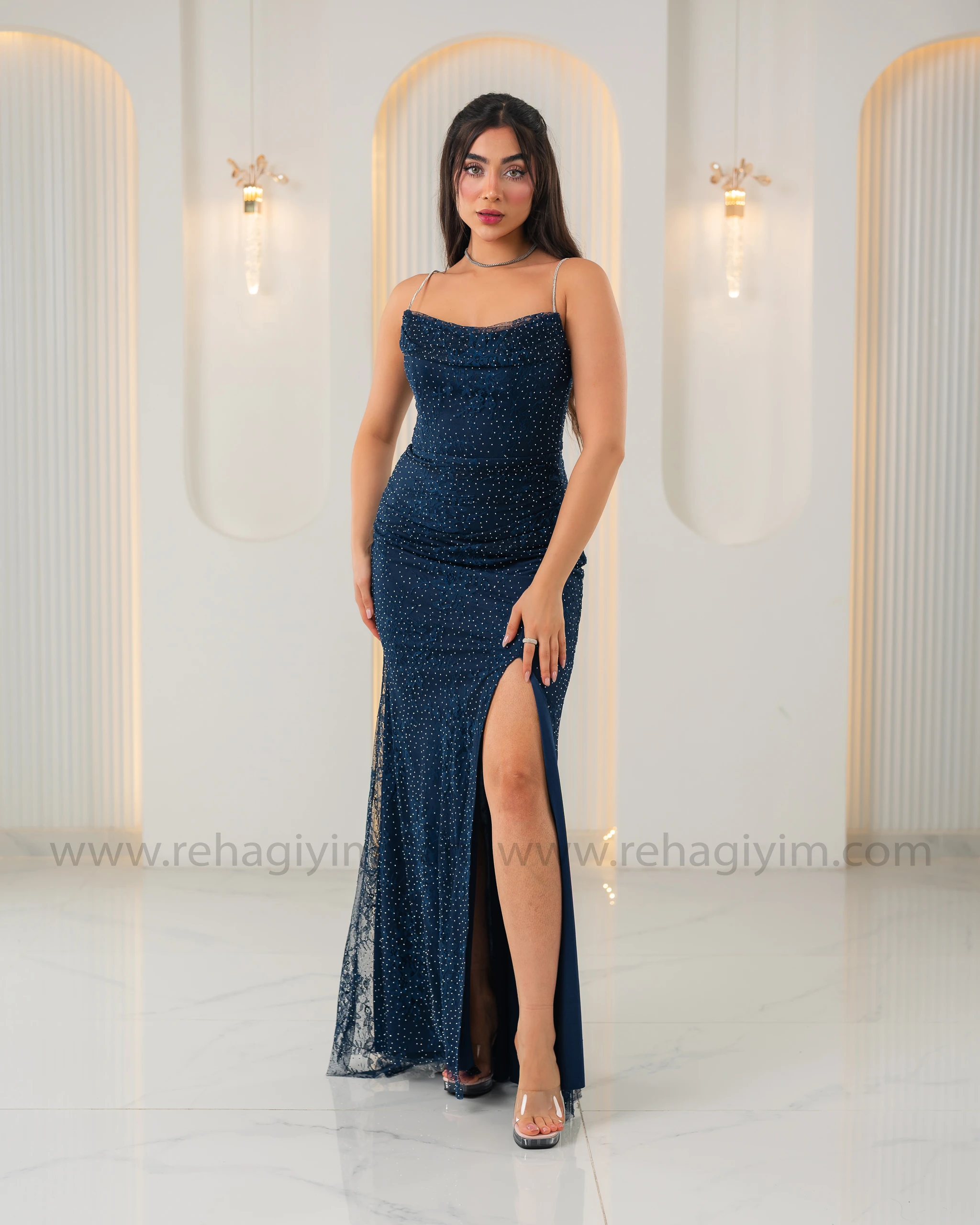 İnce Askılı Pırıltı Taşlı Dantel Abiye Elbise - Lacivert