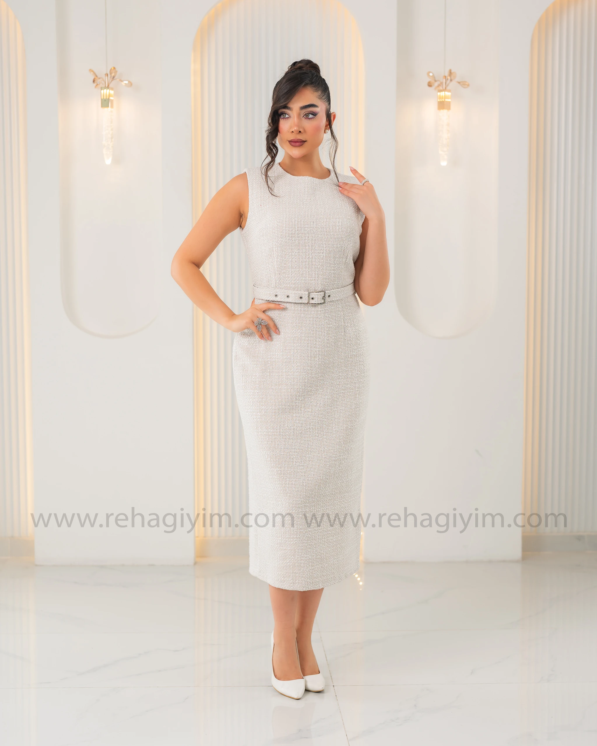 Tuvit Örme Kemerli Elbise - Krem