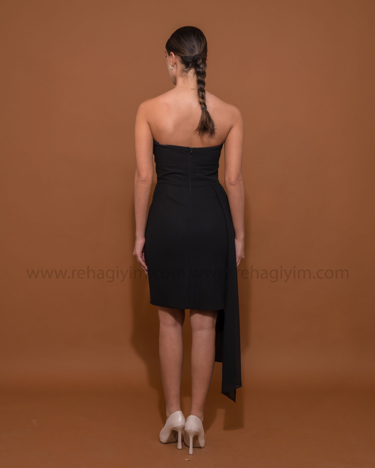 Straplez Şifon Mini Elbise| Siyah