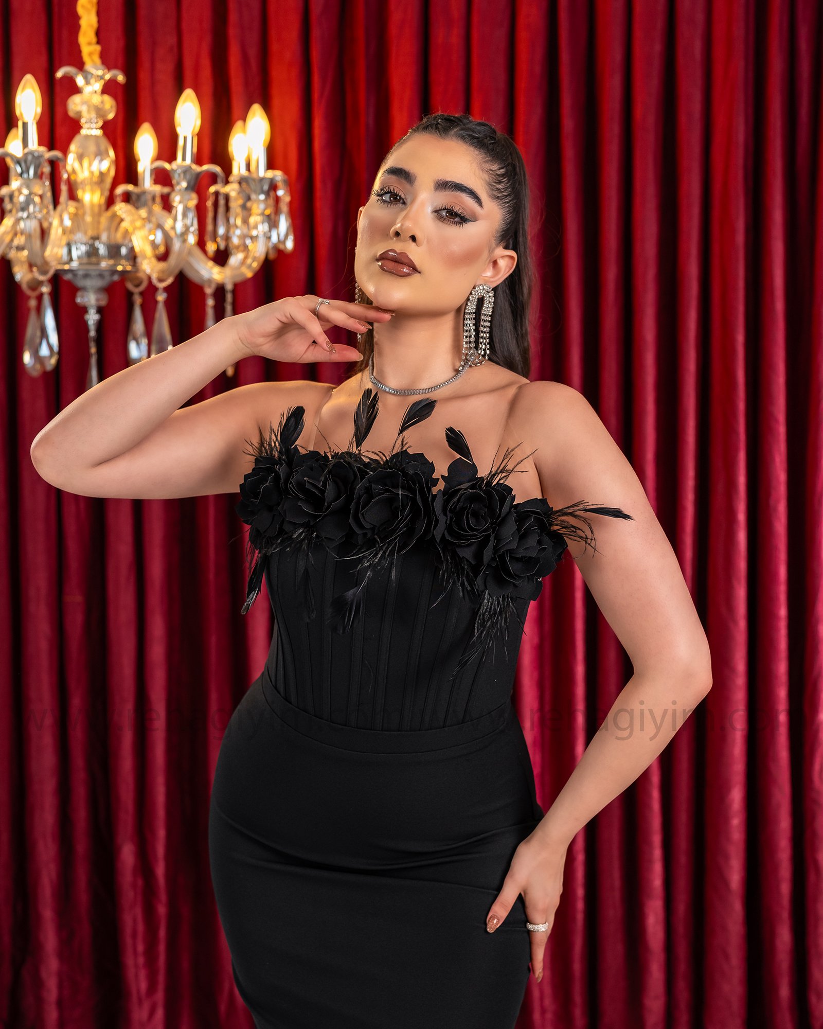 Korse Gül Detaylı Double Krep Elbise 