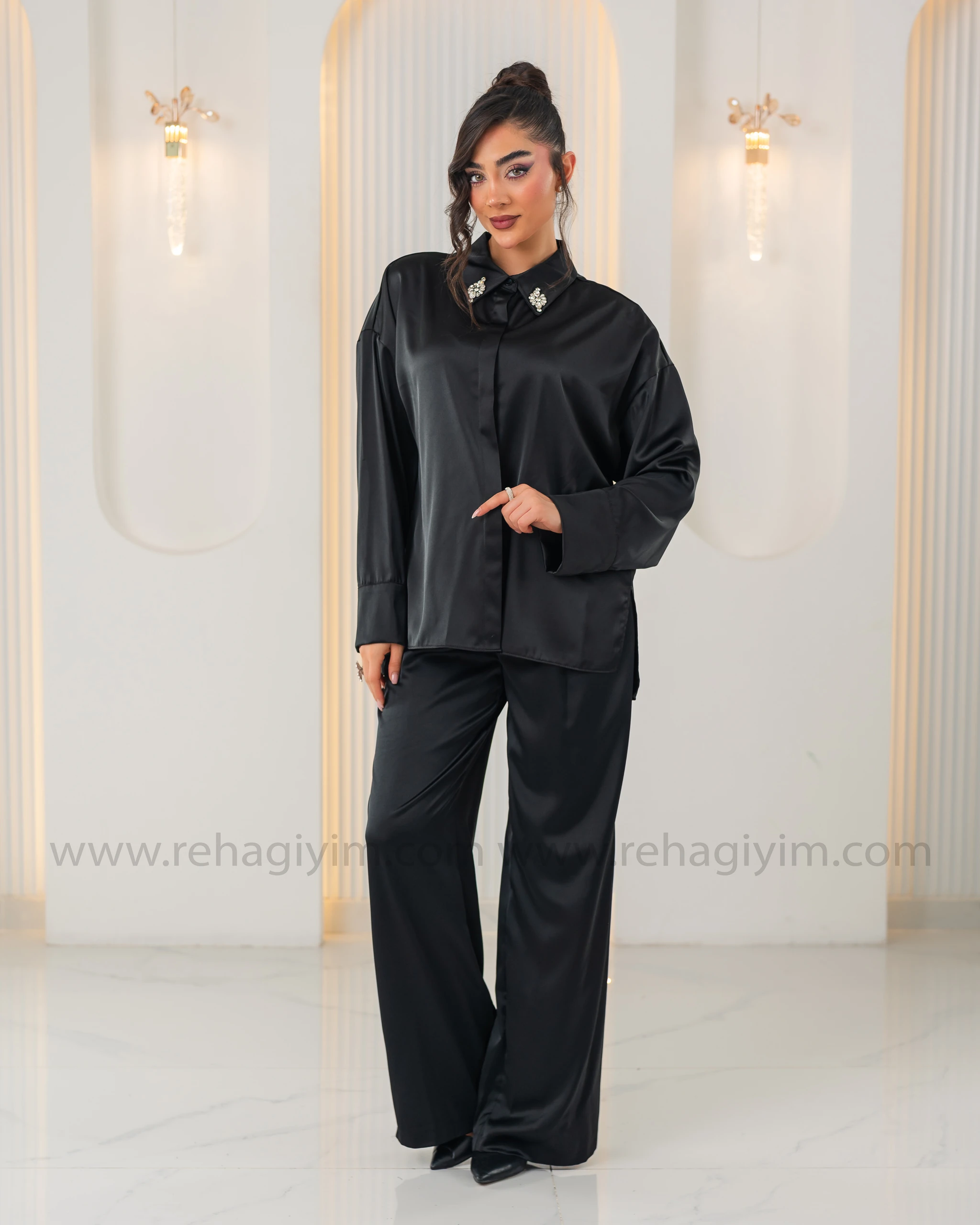 Saten Salaş Pantolon - Siyah