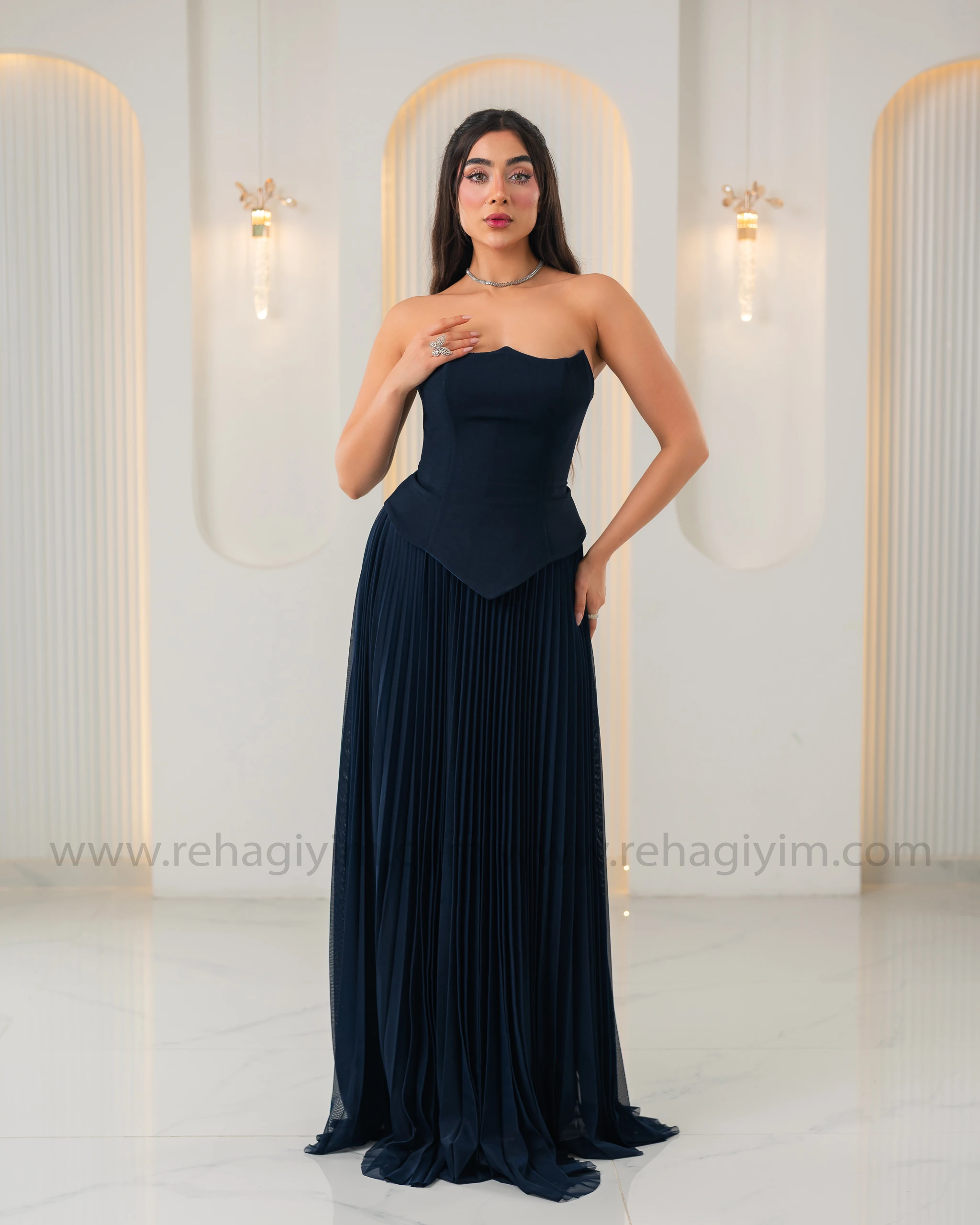 Üstü Krep Altı Şifon Tasarım Abiye Elbise - Lacivert