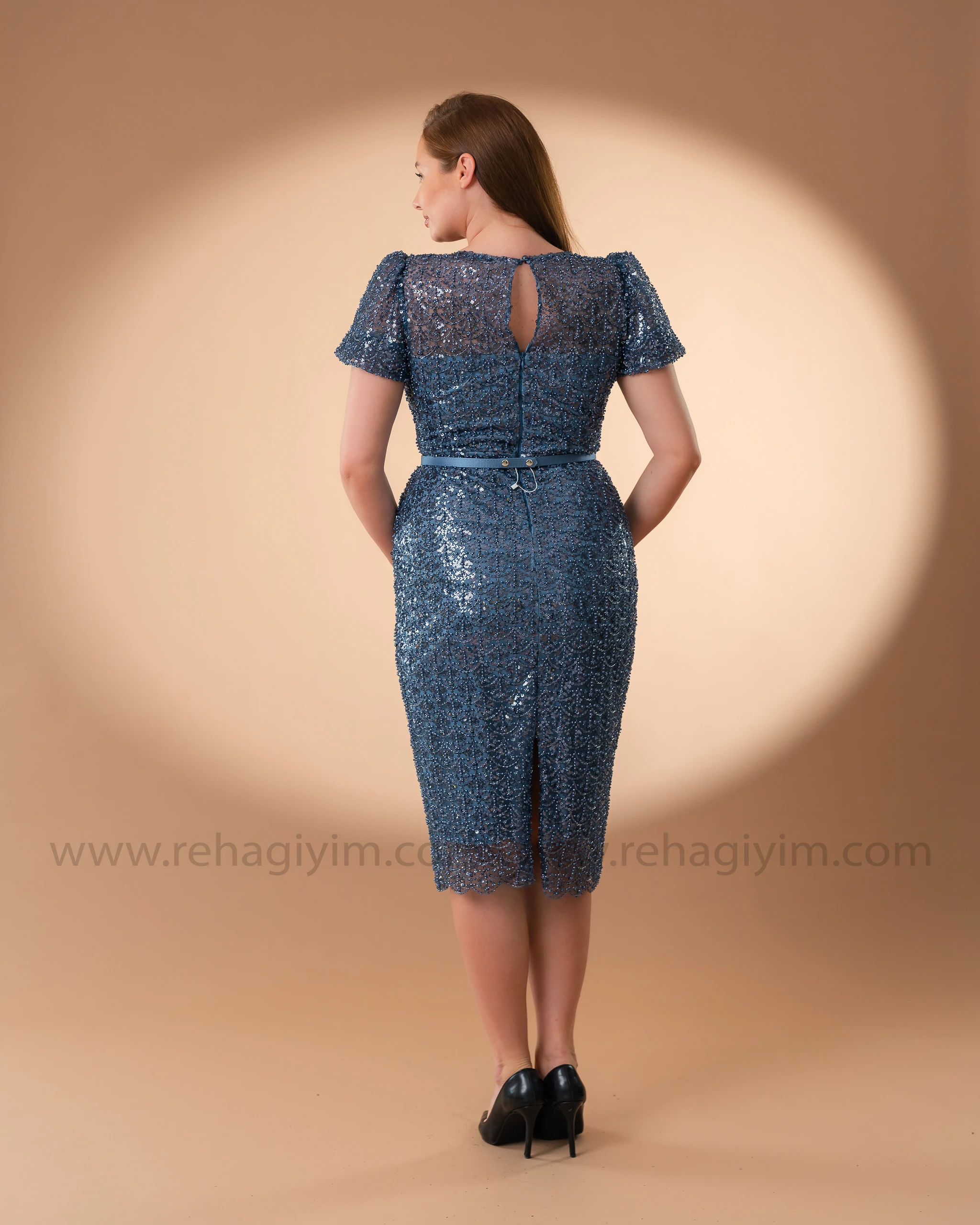 Balon Kol Taş İşlemeli Elbise - İndigo