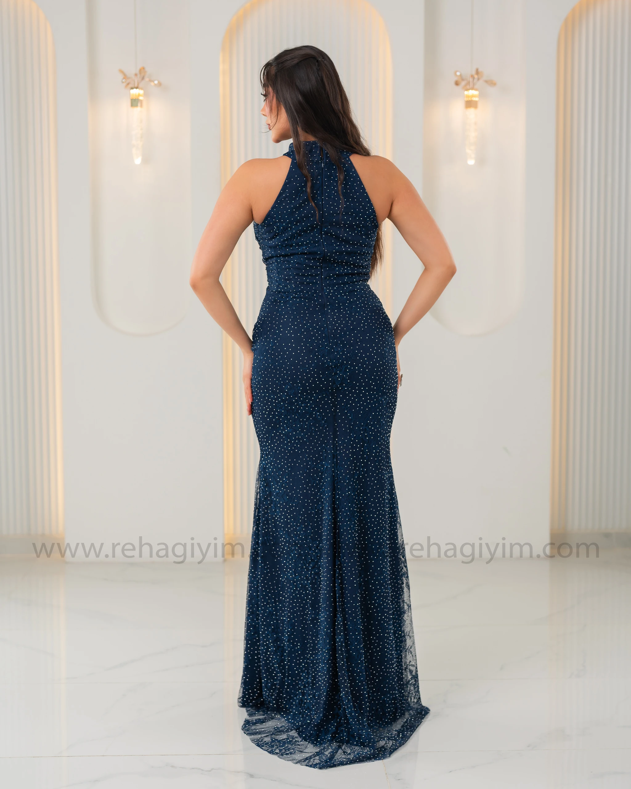 Pırıltı Taşlı Dantel Abiye Maxi - Gece Mavisi