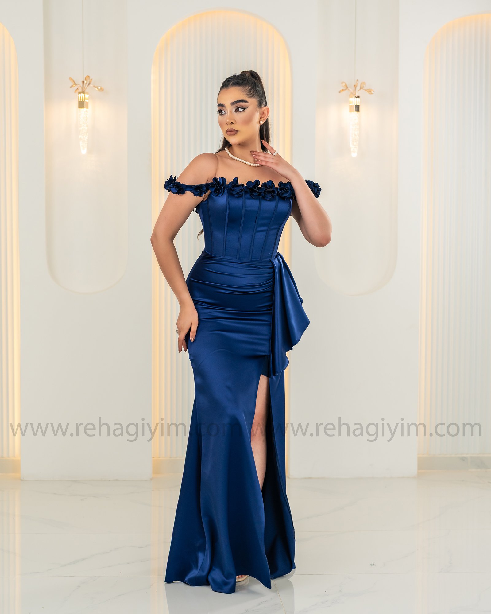 Gül Detaylı Korse Saten Plus - Lacivert