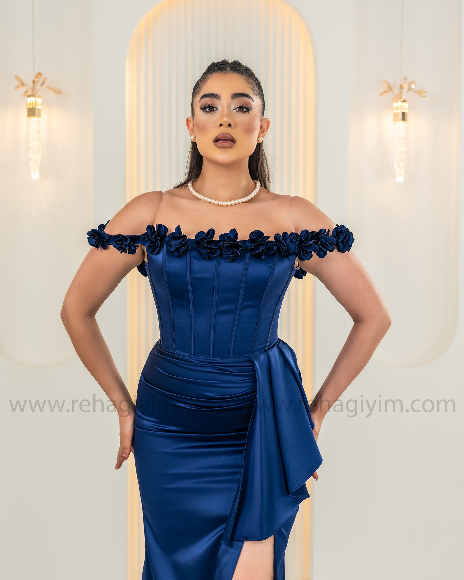 Gül Detaylı Korse Saten Plus - Lacivert