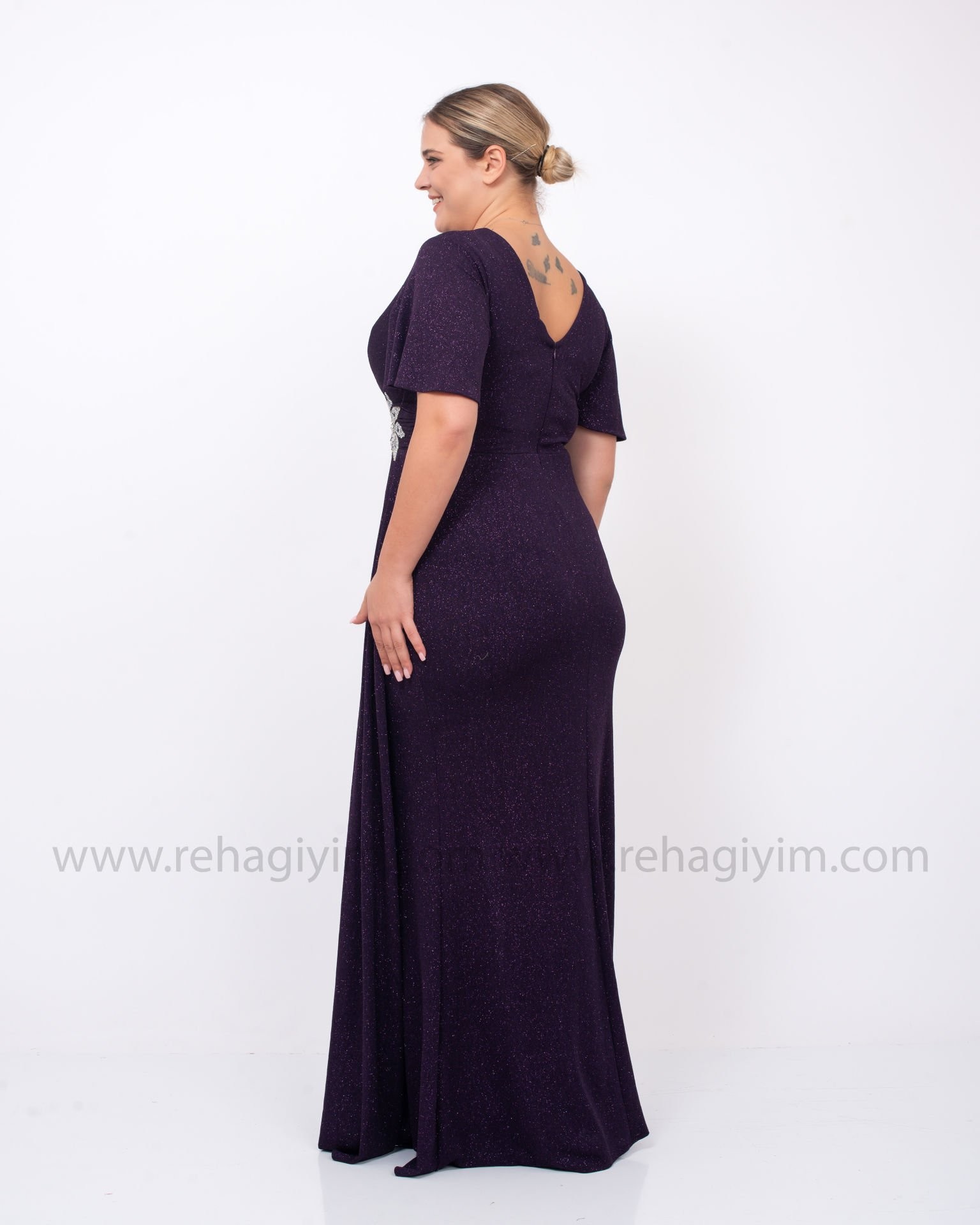Beli Çiçek Motif Abiye Elbise | Mürdüm
