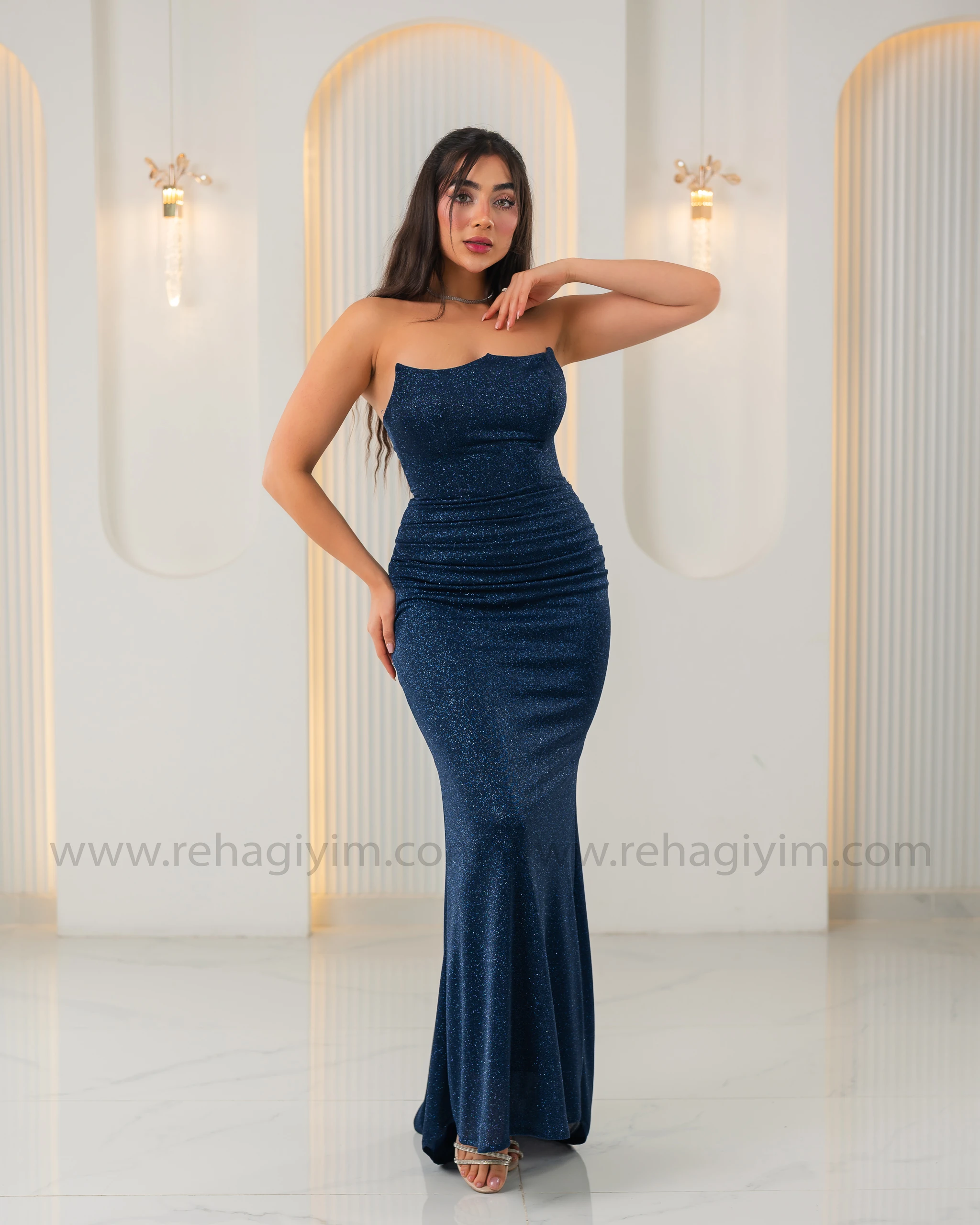 Kalp Yaka Straplez Simli Abiye Maxi - Lacivert