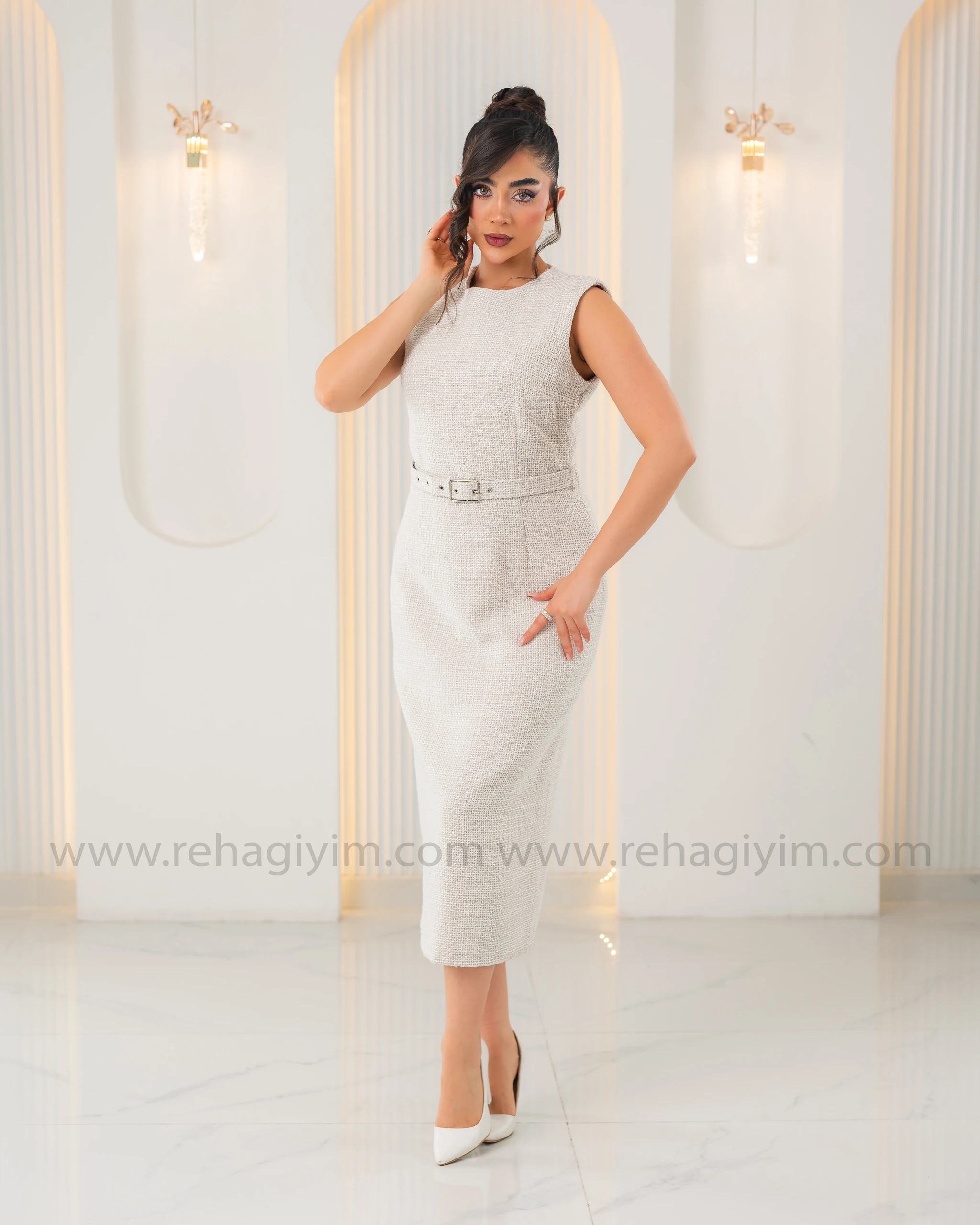 Tuvit Örme Kemerli Elbise - Krem