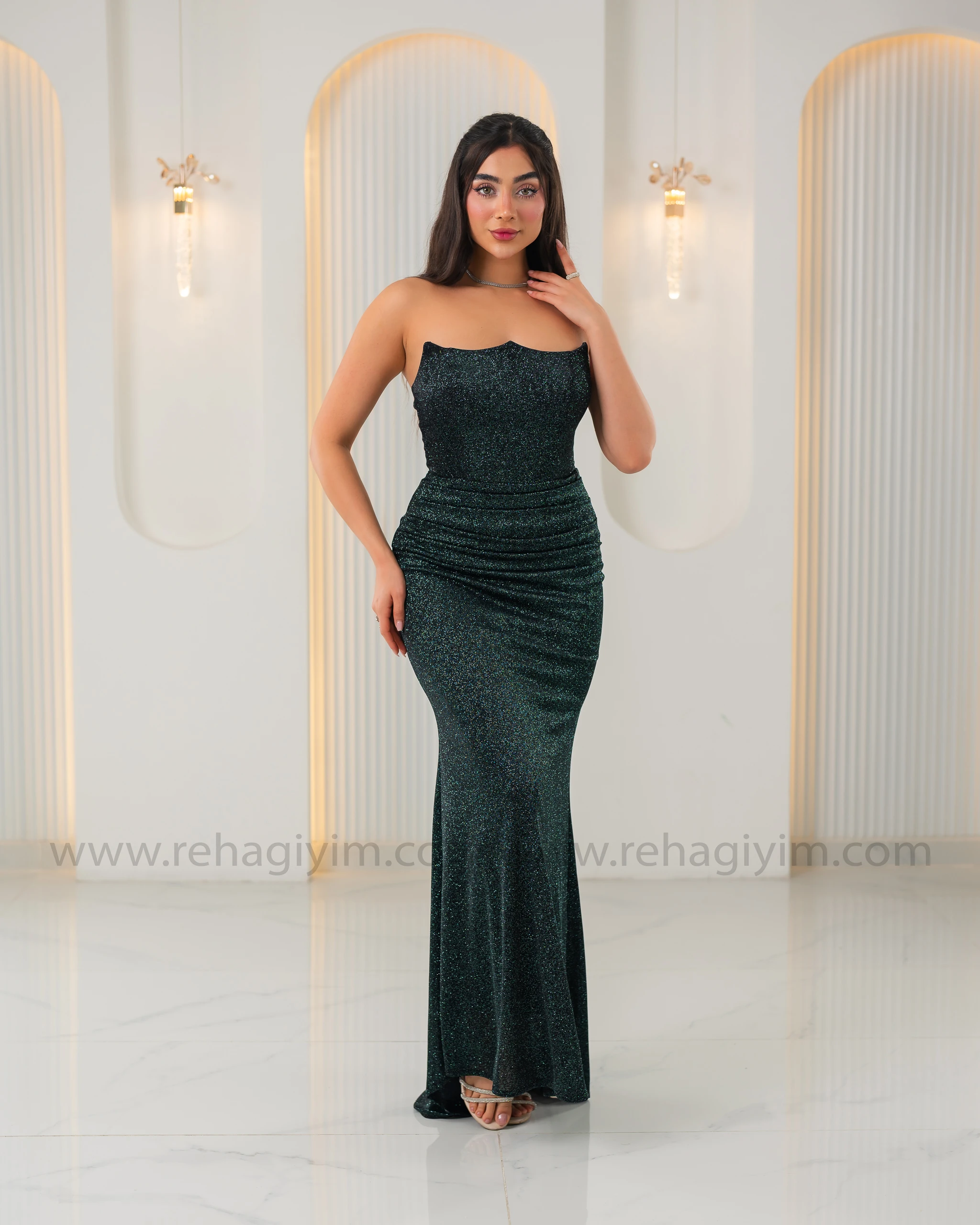 Kalp Yaka Straplez Simli Abiye Maxi - Yeşil