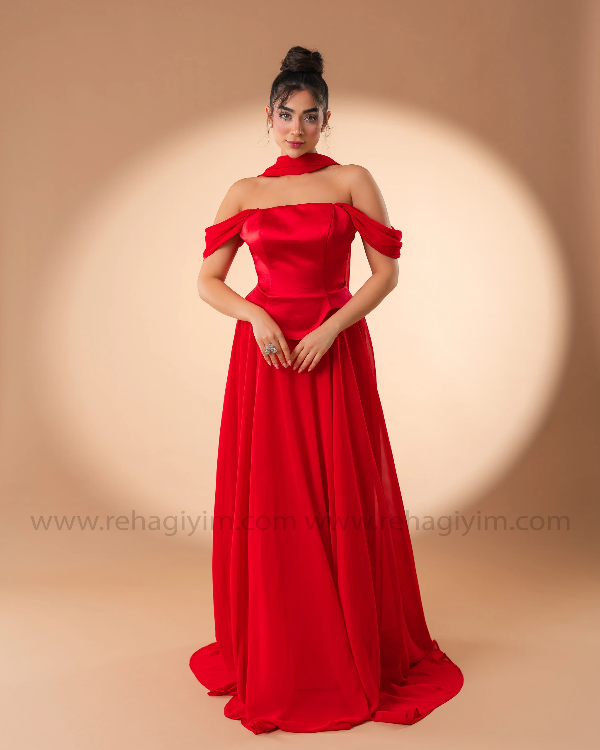 Şal Detaylı Üzeri Saten Altı Şifon Abiye  - Kırmızı