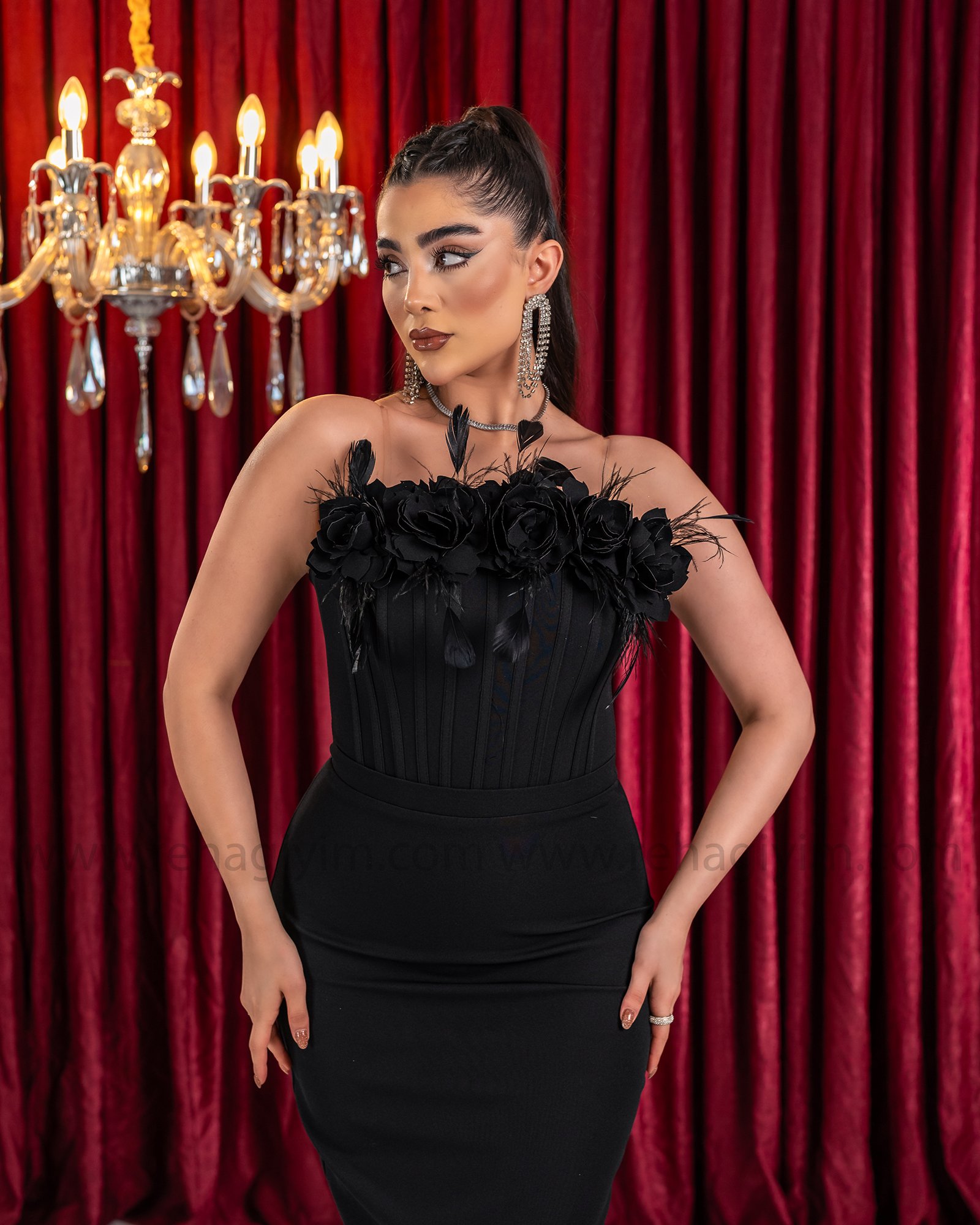 Korse Gül Detaylı Double Krep Elbise 