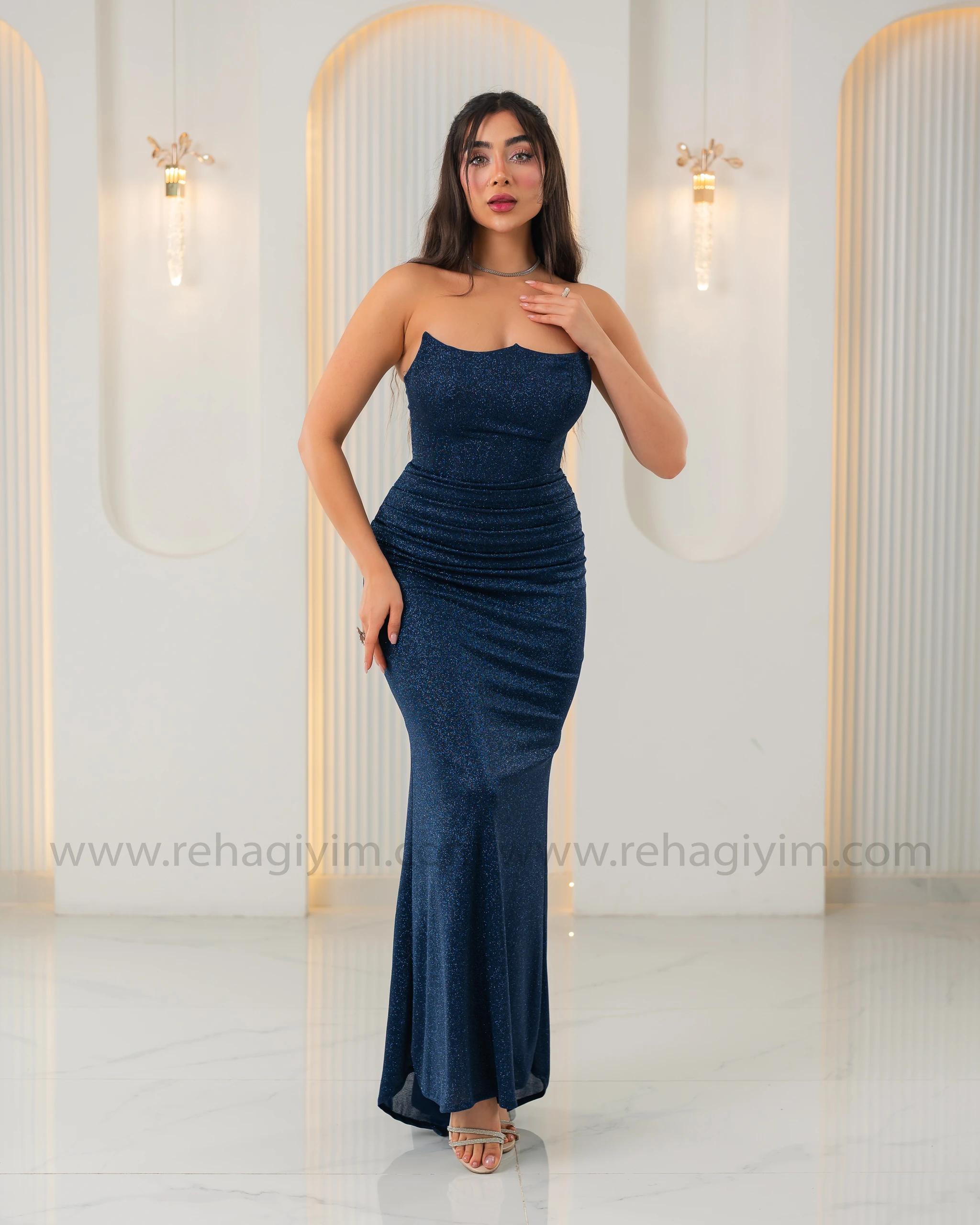 Kalp Yaka Straplez Simli Abiye Maxi - Lacivert