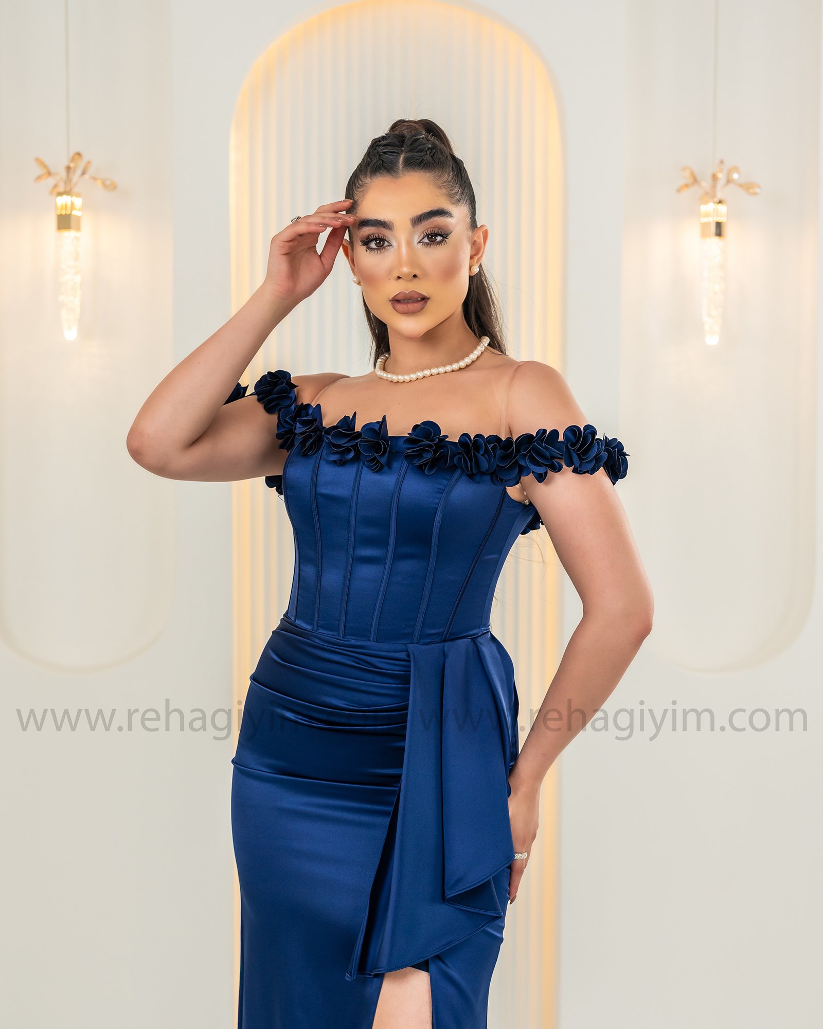 Gül Detaylı Korse Saten Plus - Lacivert