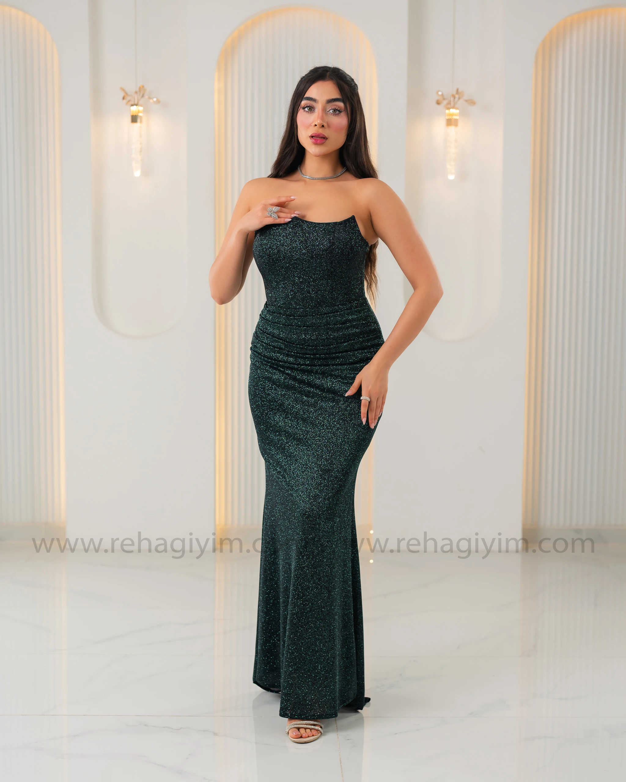 Kalp Yaka Straplez Simli Abiye Maxi - Yeşil