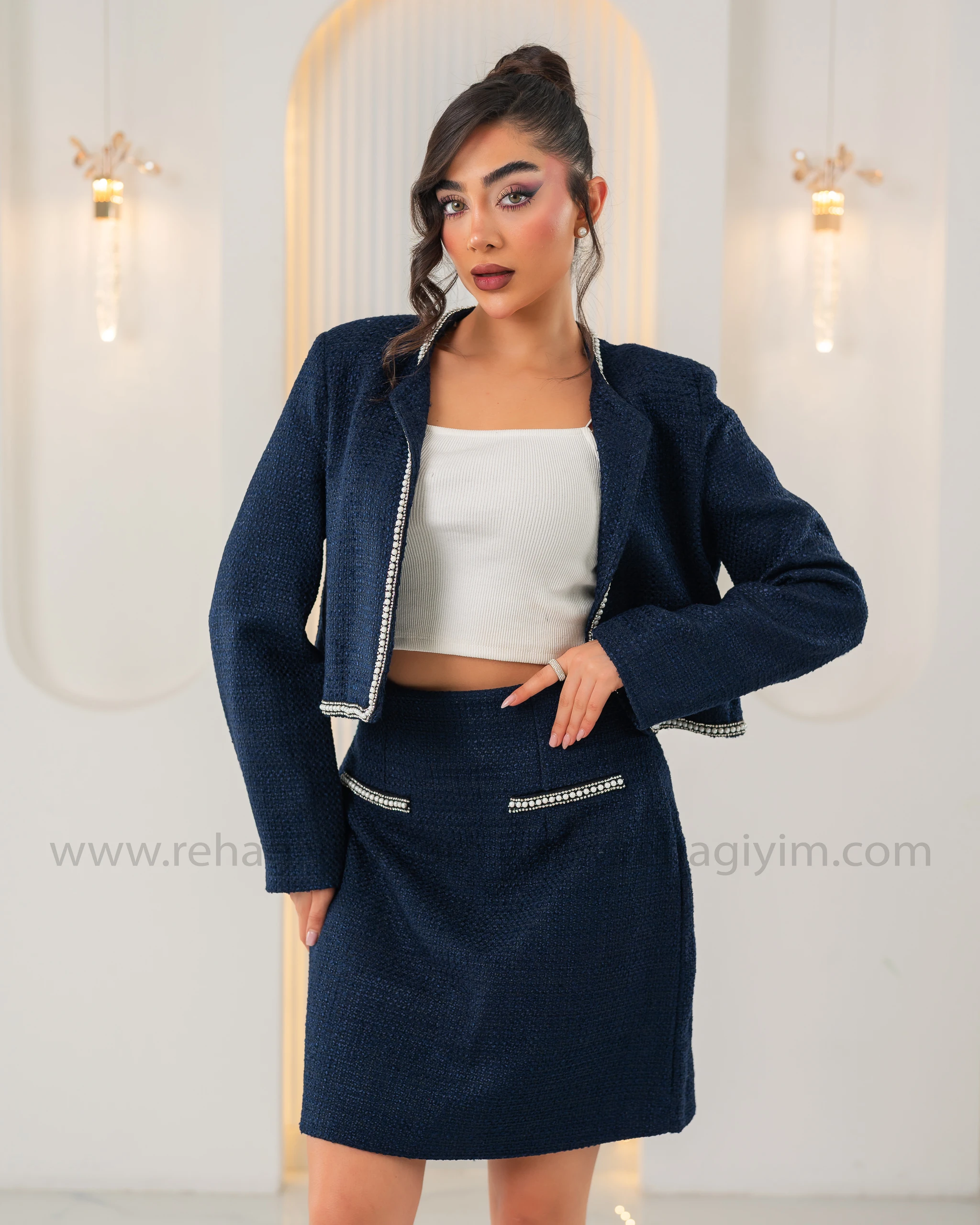 Taş Detaylı Tuvit Etek Ceket Takım - Lacivert