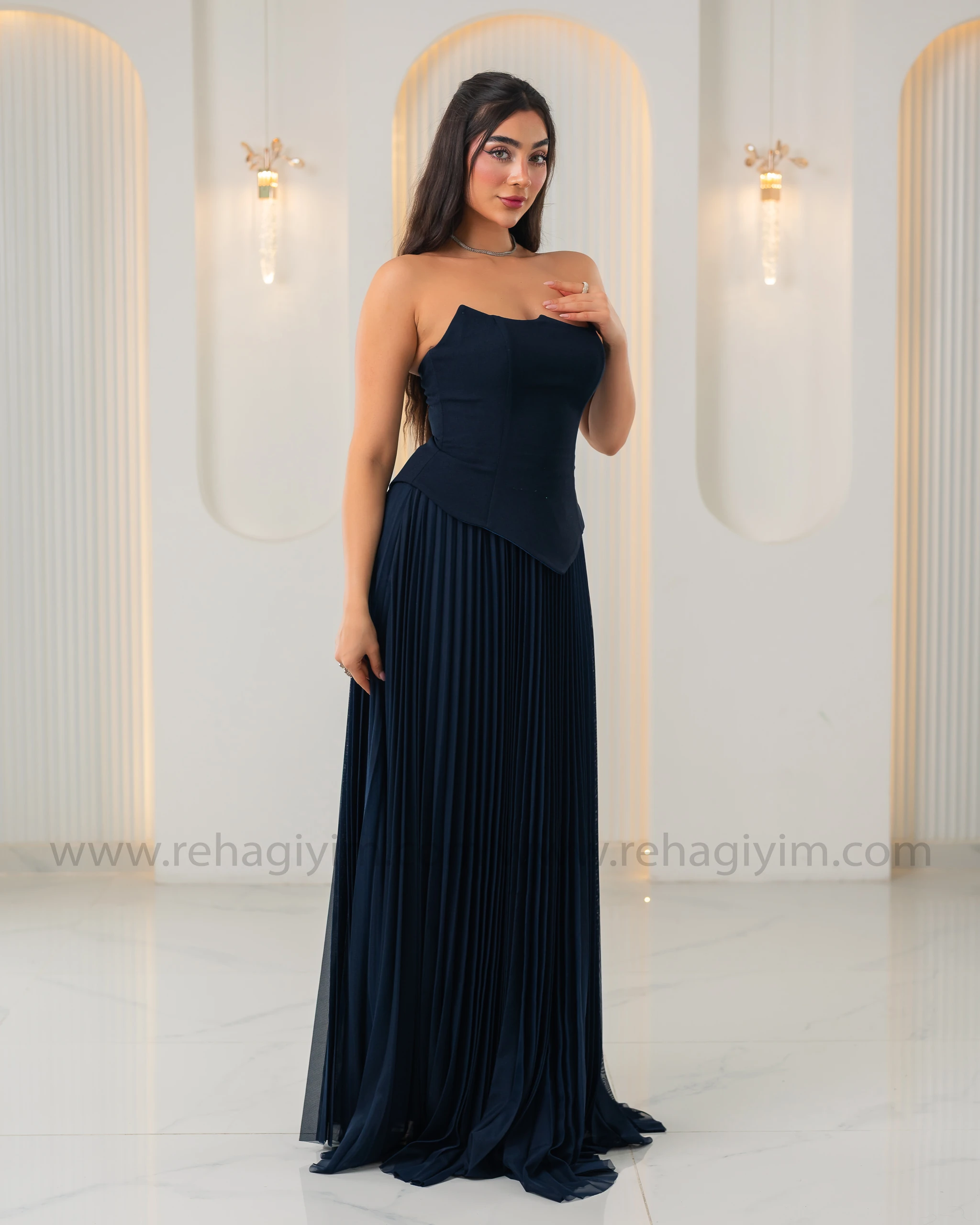 Üstü Krep Altı Şifon Tasarım Abiye Elbise - Lacivert