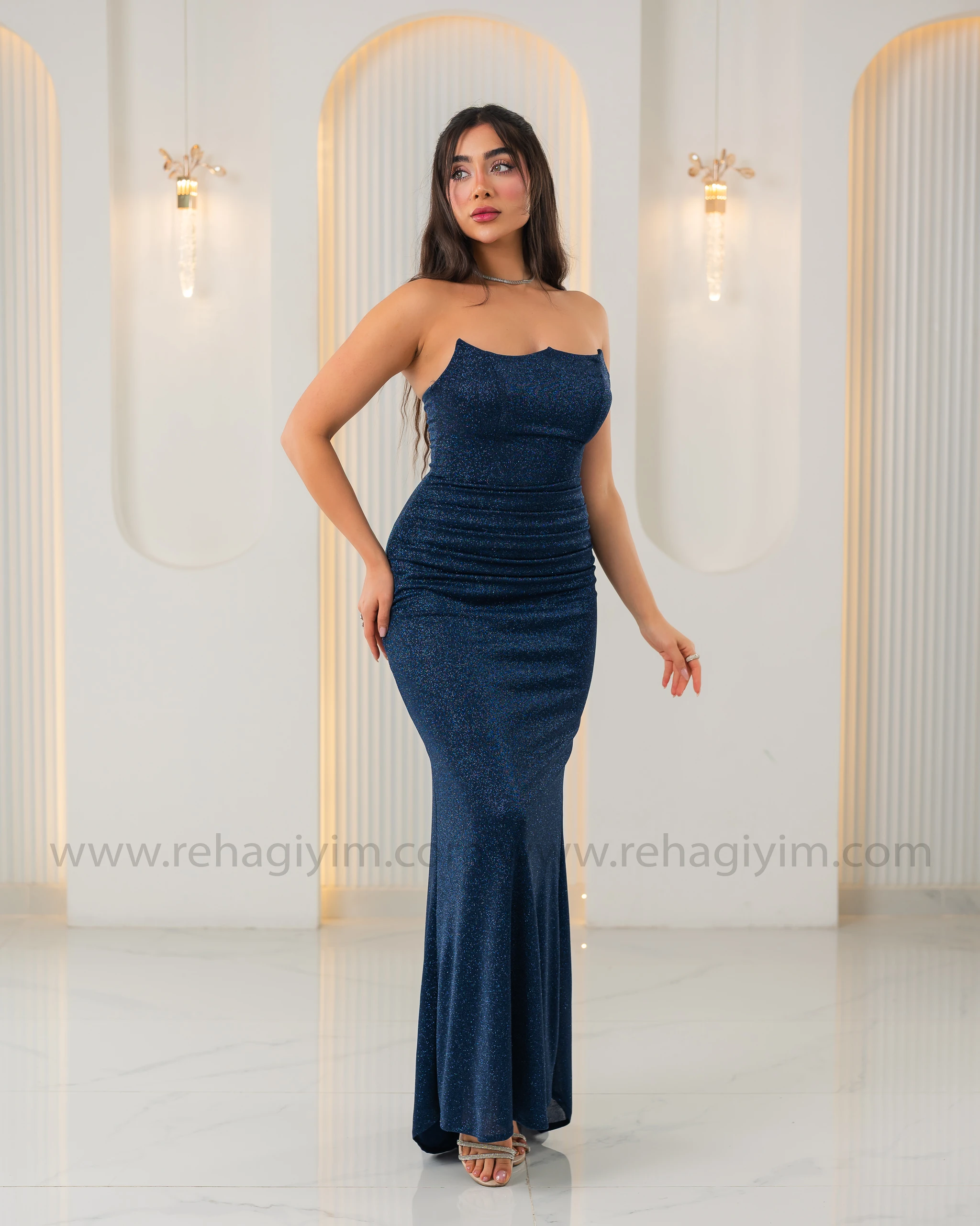 Kalp Yaka Straplez Simli Abiye Maxi - Lacivert