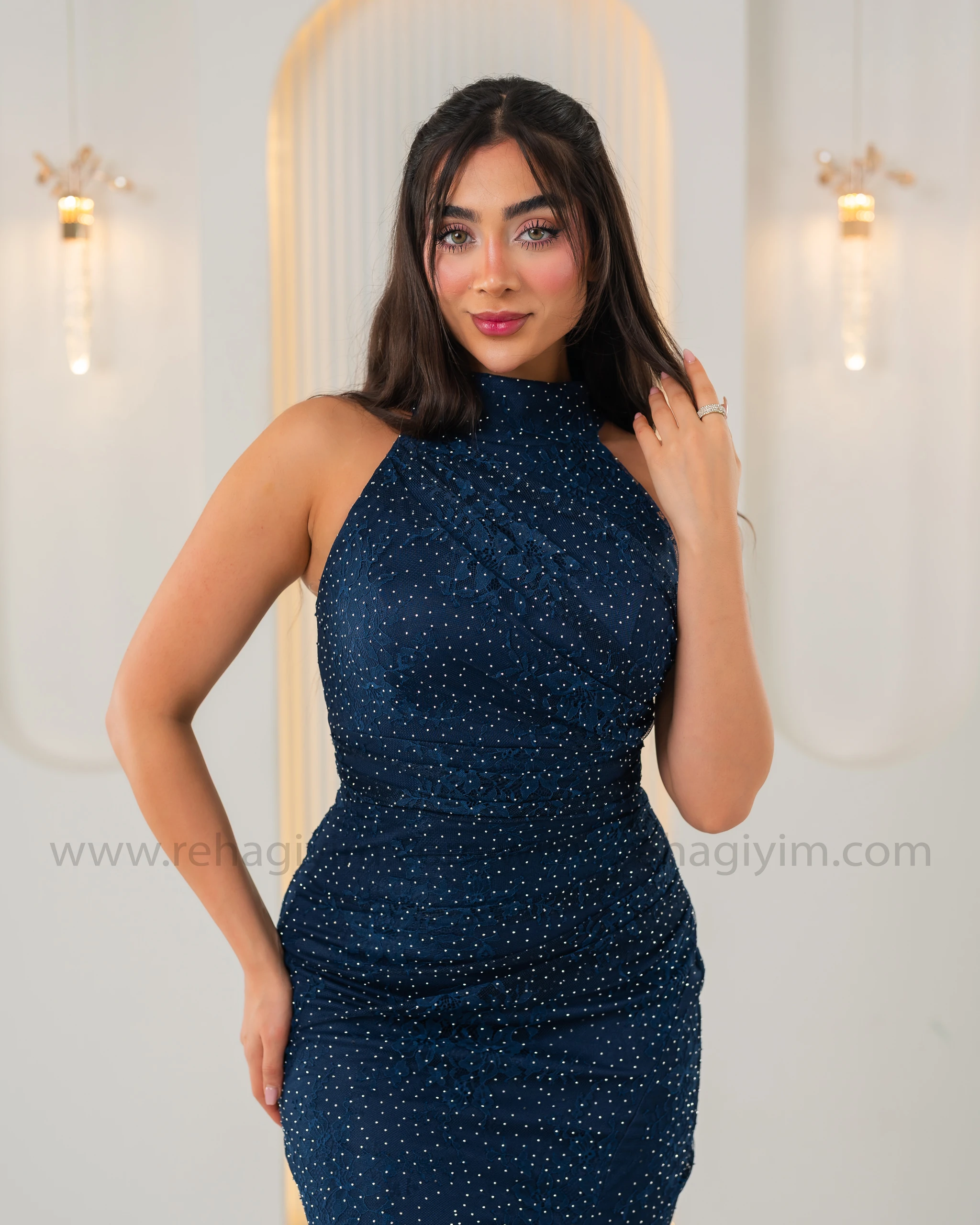 Pırıltı Taşlı Dantel Abiye Maxi - Gece Mavisi