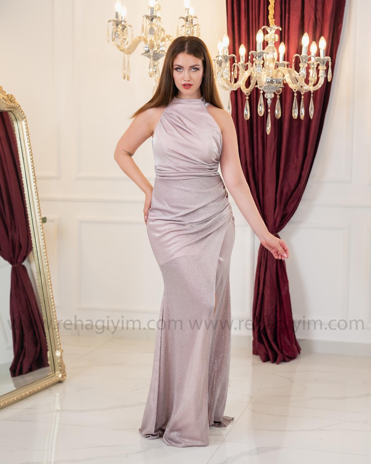 Halter Yaka Drapeli Elbise