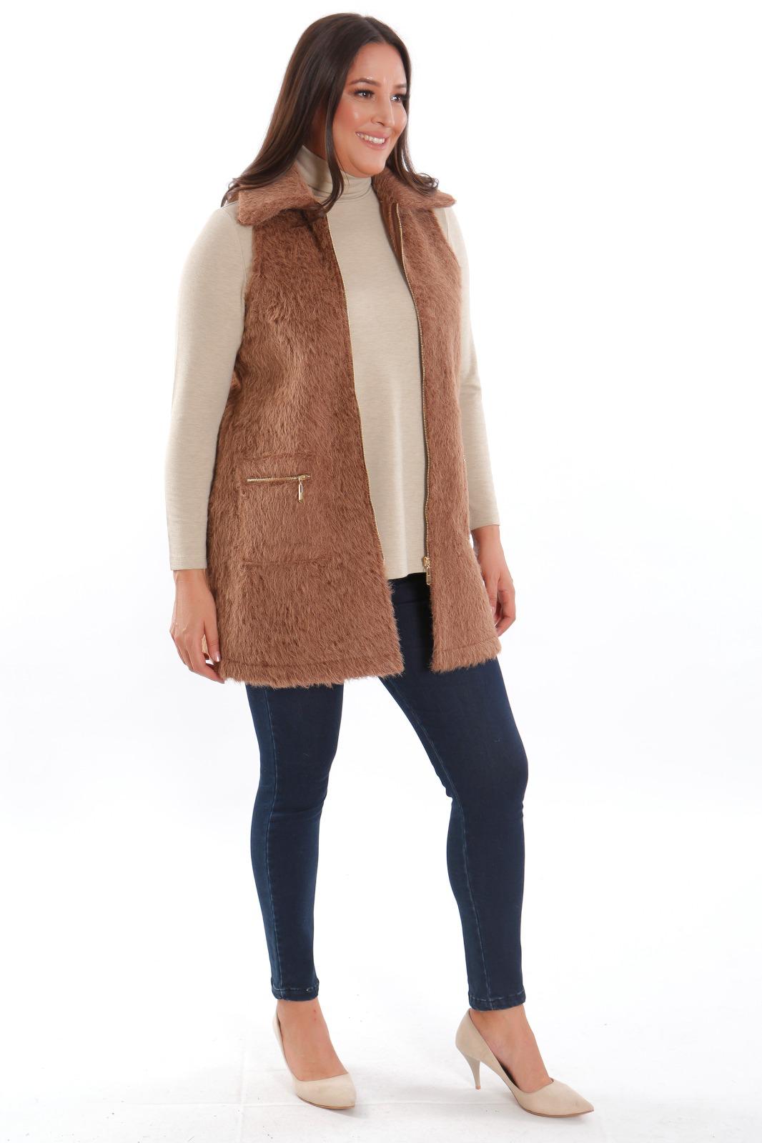 Gold Fermuarlı Kürk Yelek - Kahverengi