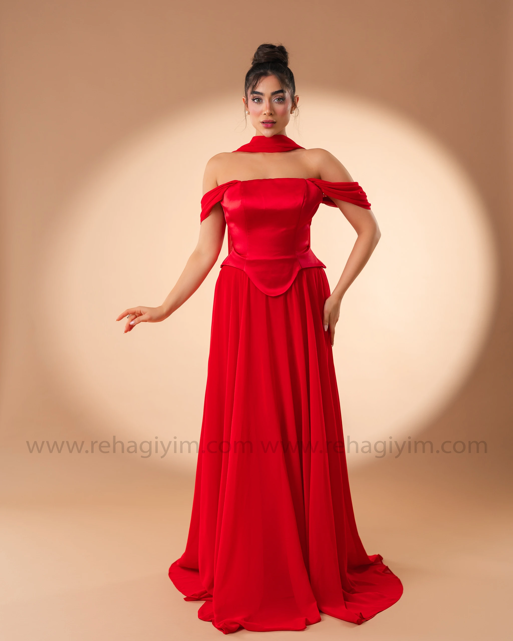 Şal Detaylı Üzeri Saten Altı Şifon Abiye  - Kırmızı