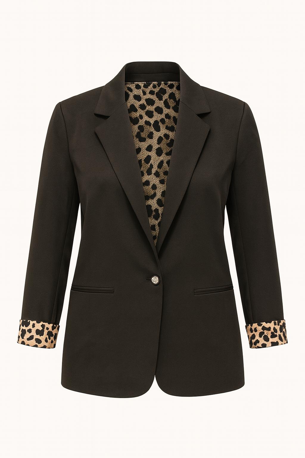 Leopar Astarlı Tek Ceket  - siyah