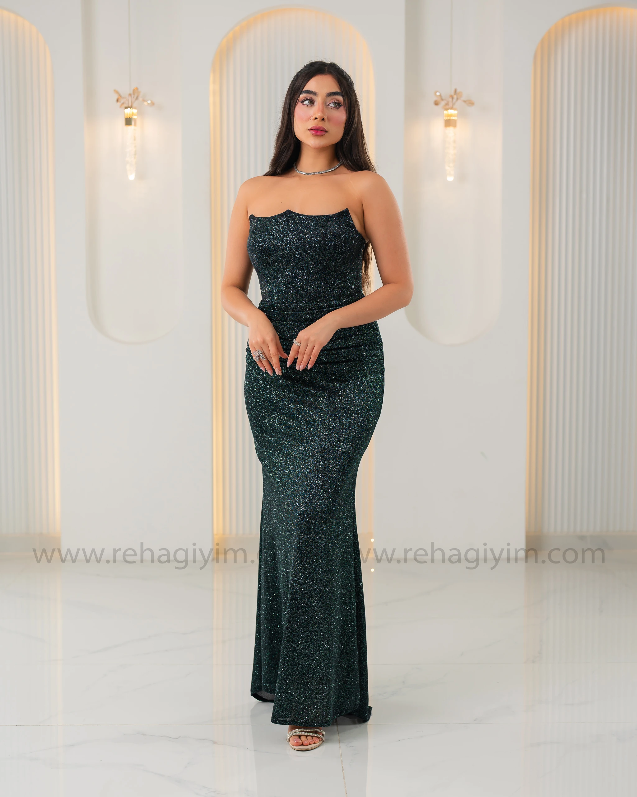 Kalp Yaka Straplez Simli Abiye Maxi - Yeşil