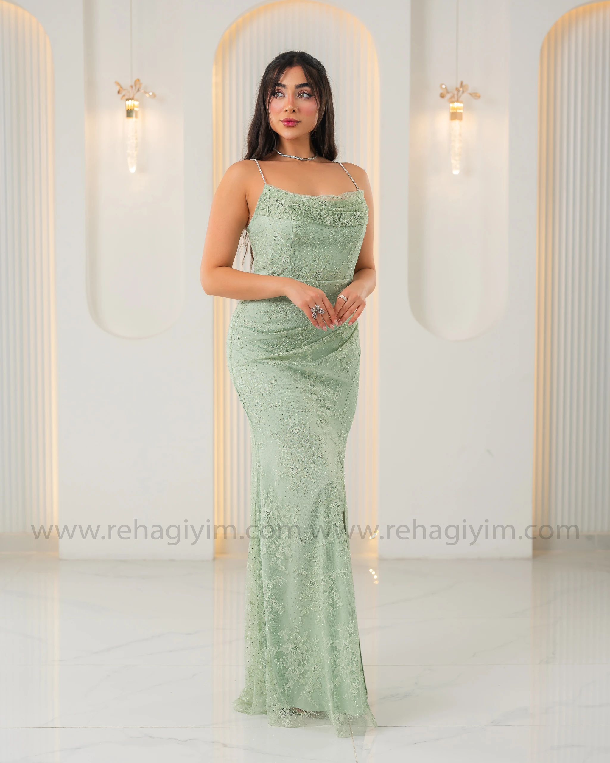 İnce Askılı Pırıltı Taşlı Dantel Abiye Elbise - su yeşili