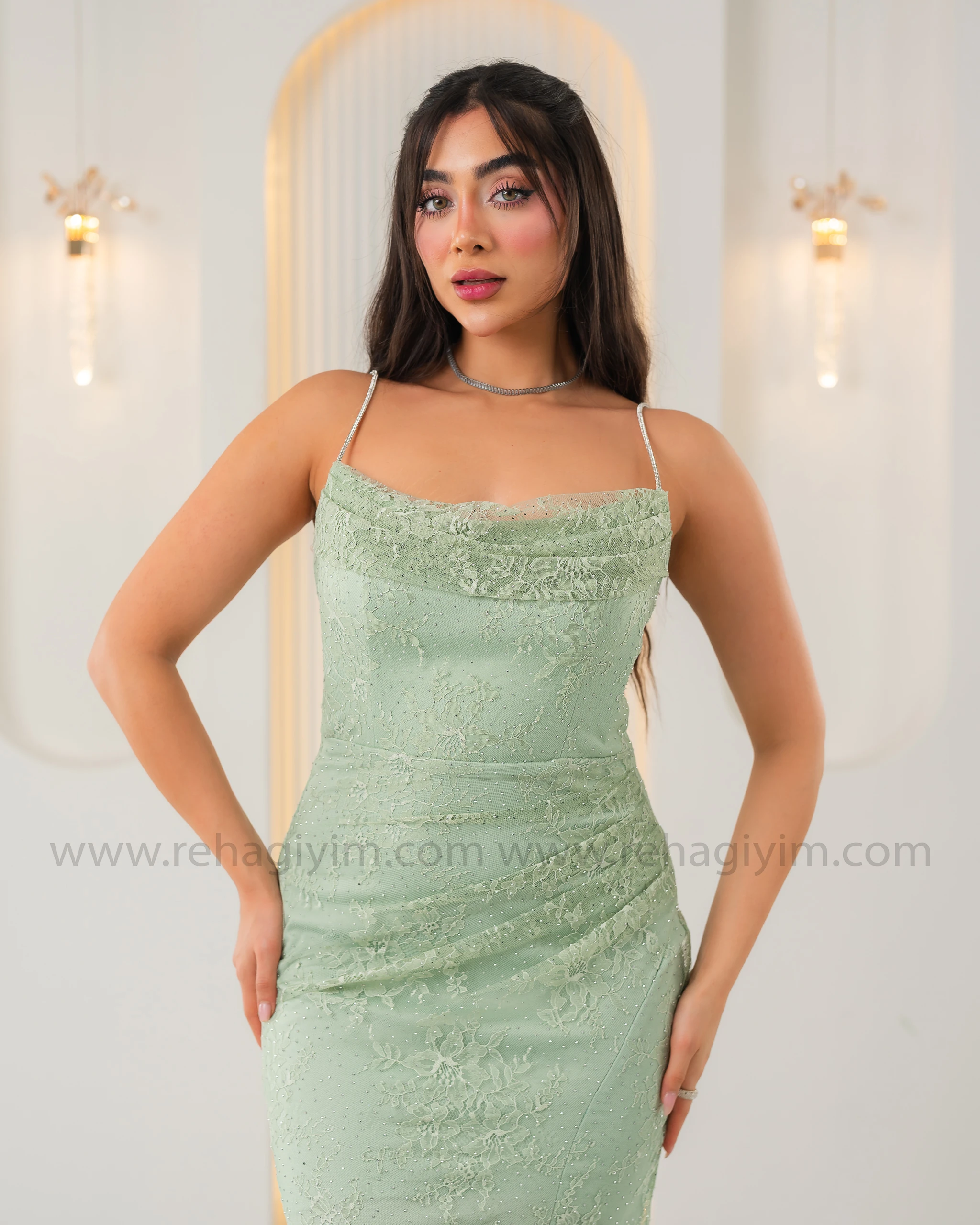 İnce Askılı Pırıltı Taşlı Dantel Abiye Elbise - su yeşili