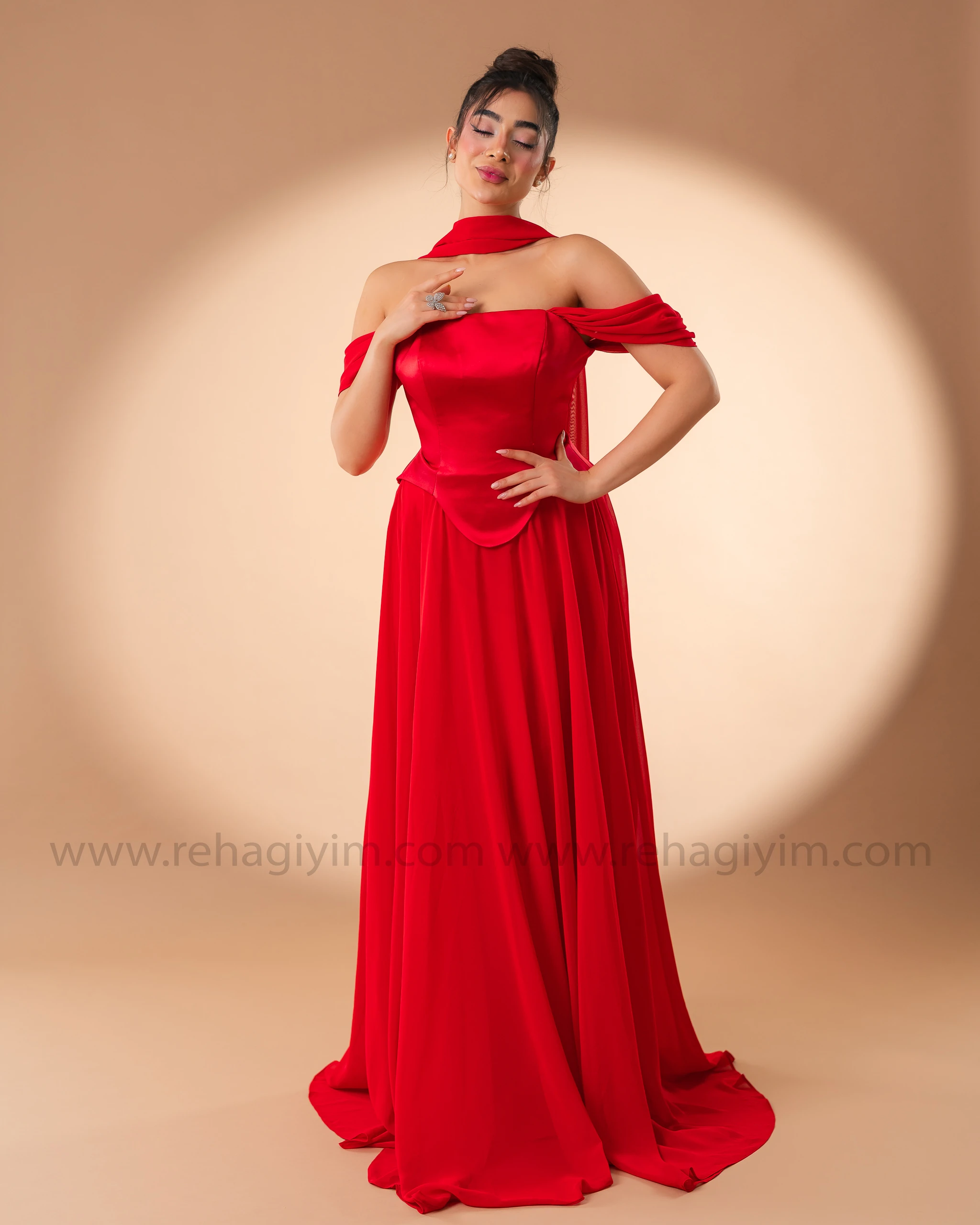 Şal Detaylı Üzeri Saten Altı Şifon Abiye  - Kırmızı