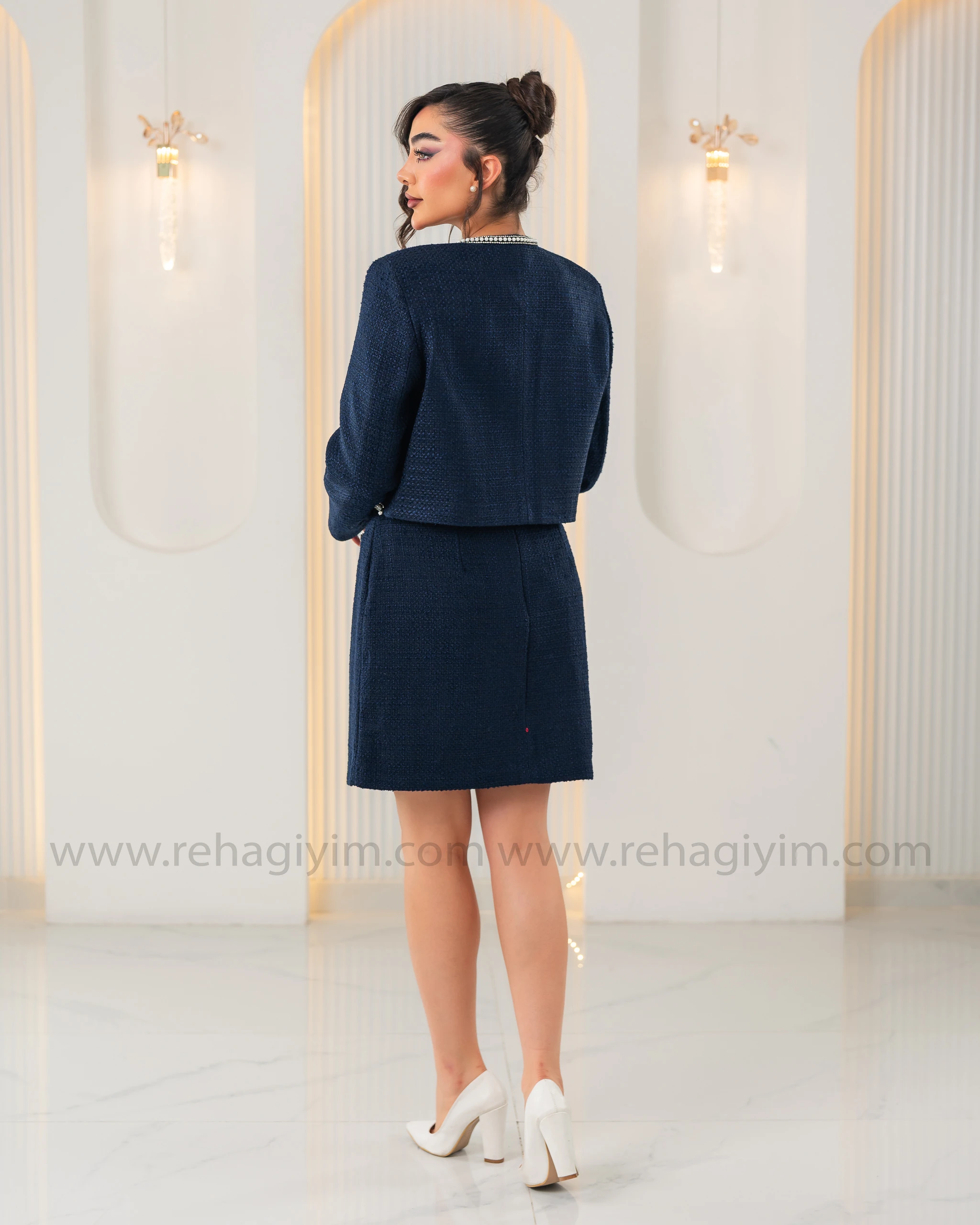 Taş Detaylı Tuvit Etek Ceket Takım - Lacivert