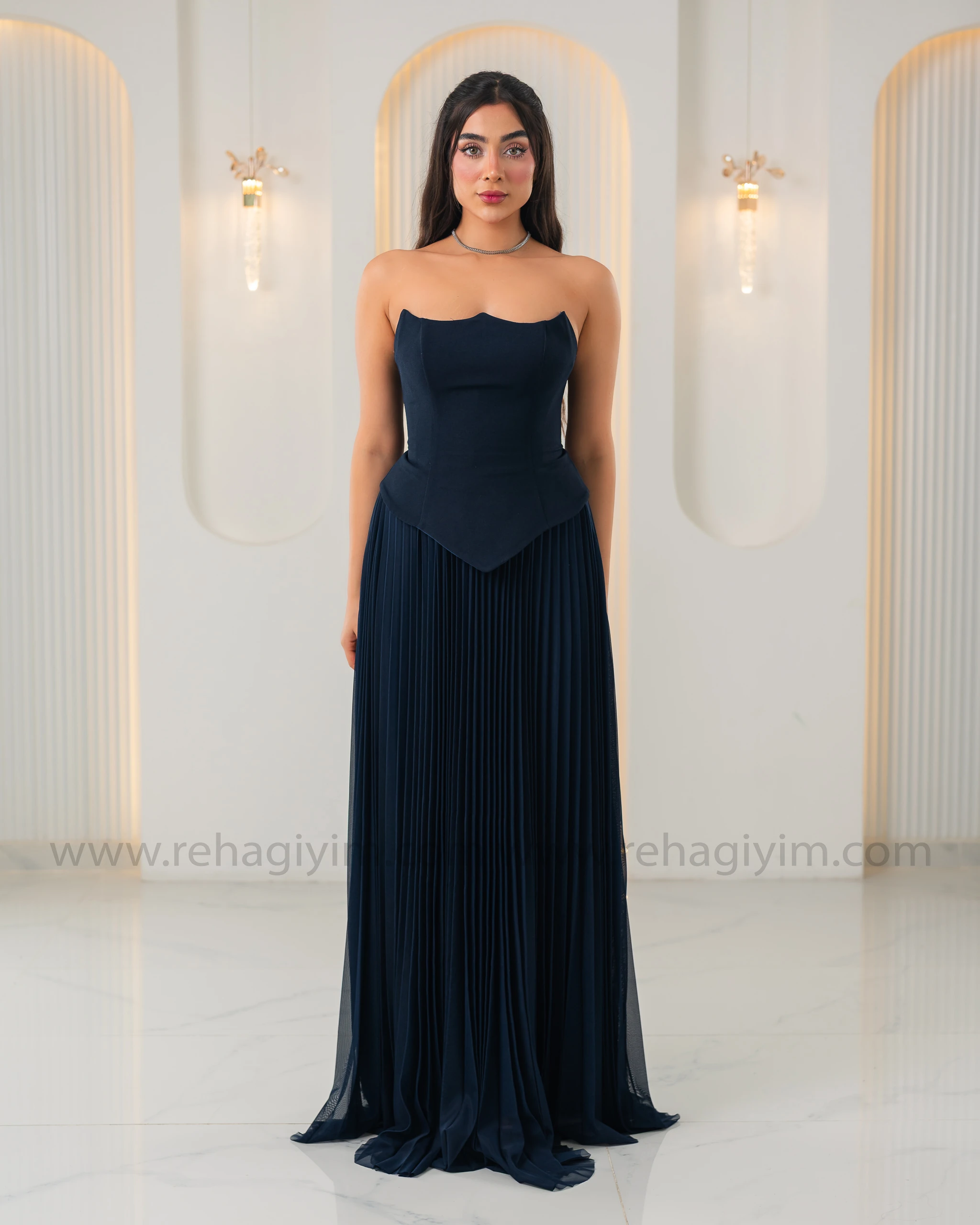 Üstü Krep Altı Şifon Tasarım Abiye Elbise - Lacivert